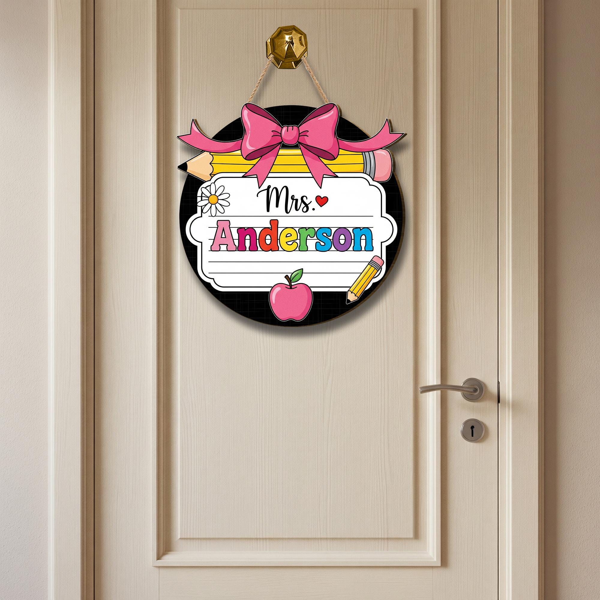 Personalized Teacher Door Sign | Round Classroom Name Sign | Custom Pencil Apple Decor | Cute Back to School Gift | Teacher Name Tag