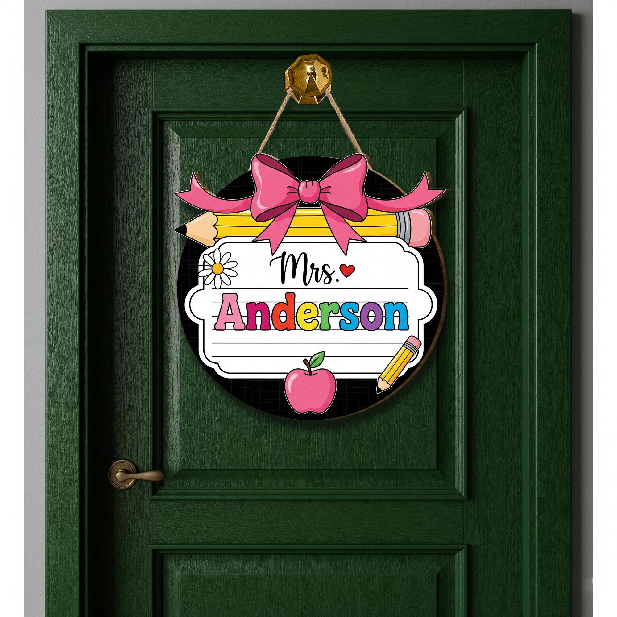Personalized Teacher Door Sign | Round Classroom Name Sign | Custom Pencil Apple Decor | Cute Back to School Gift | Teacher Name Tag