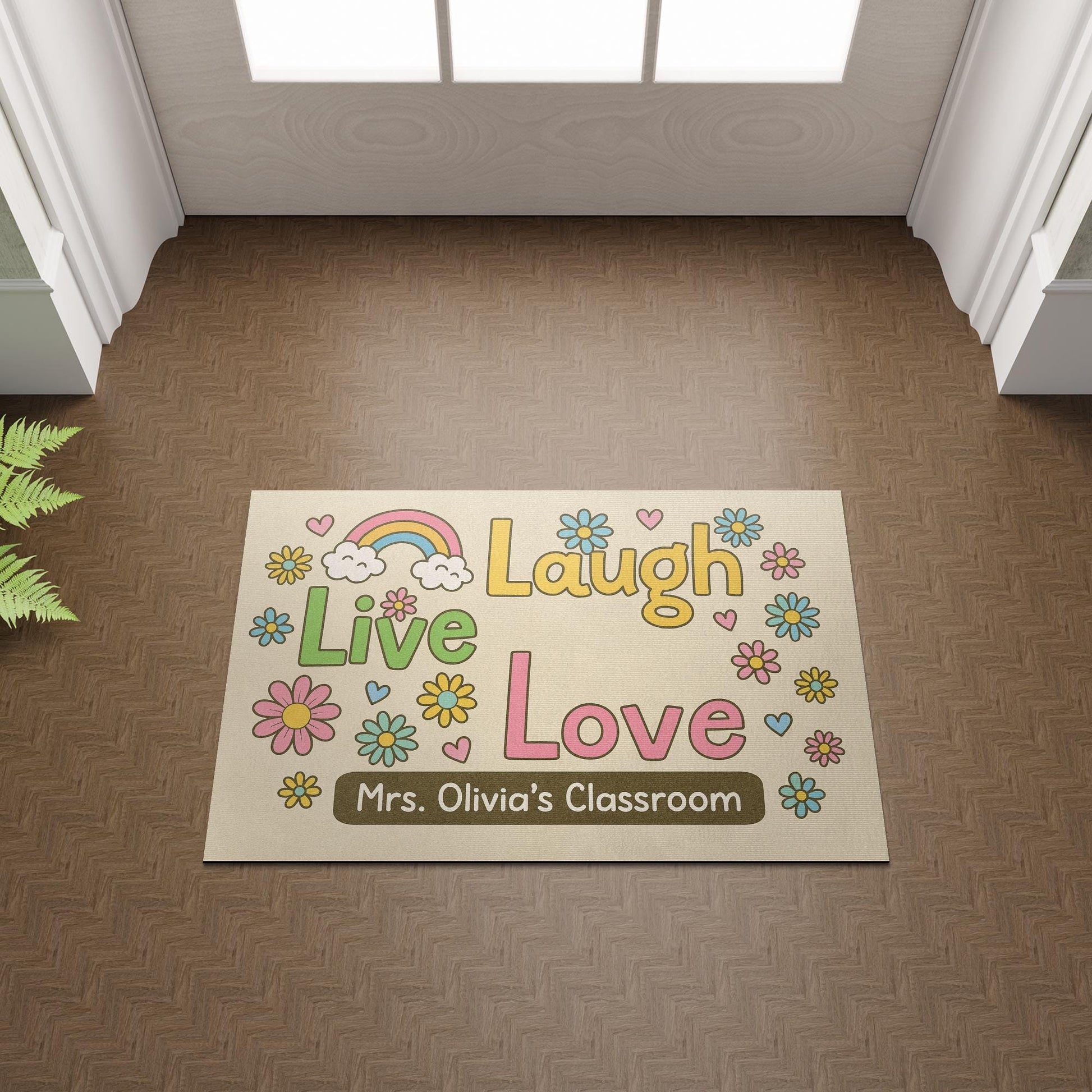 Personalized Classroom Doormat, Live Laugh Love Rug with Flowers, Rainbow Teacher Door Mat, Custom Back to School Decor Gift, Rainbow Mat