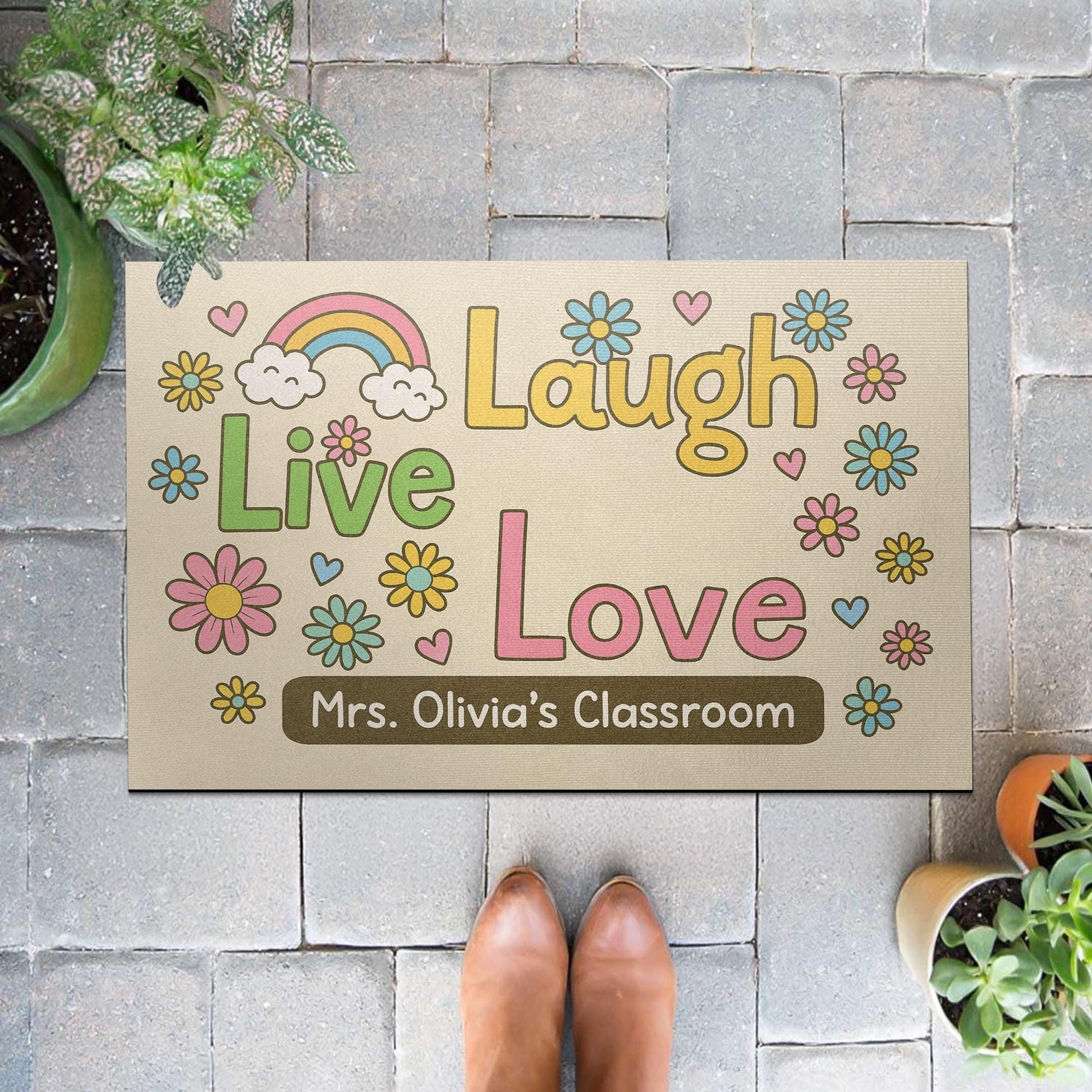 Personalized Classroom Doormat, Live Laugh Love Rug with Flowers, Rainbow Teacher Door Mat, Custom Back to School Decor Gift, Rainbow Mat
