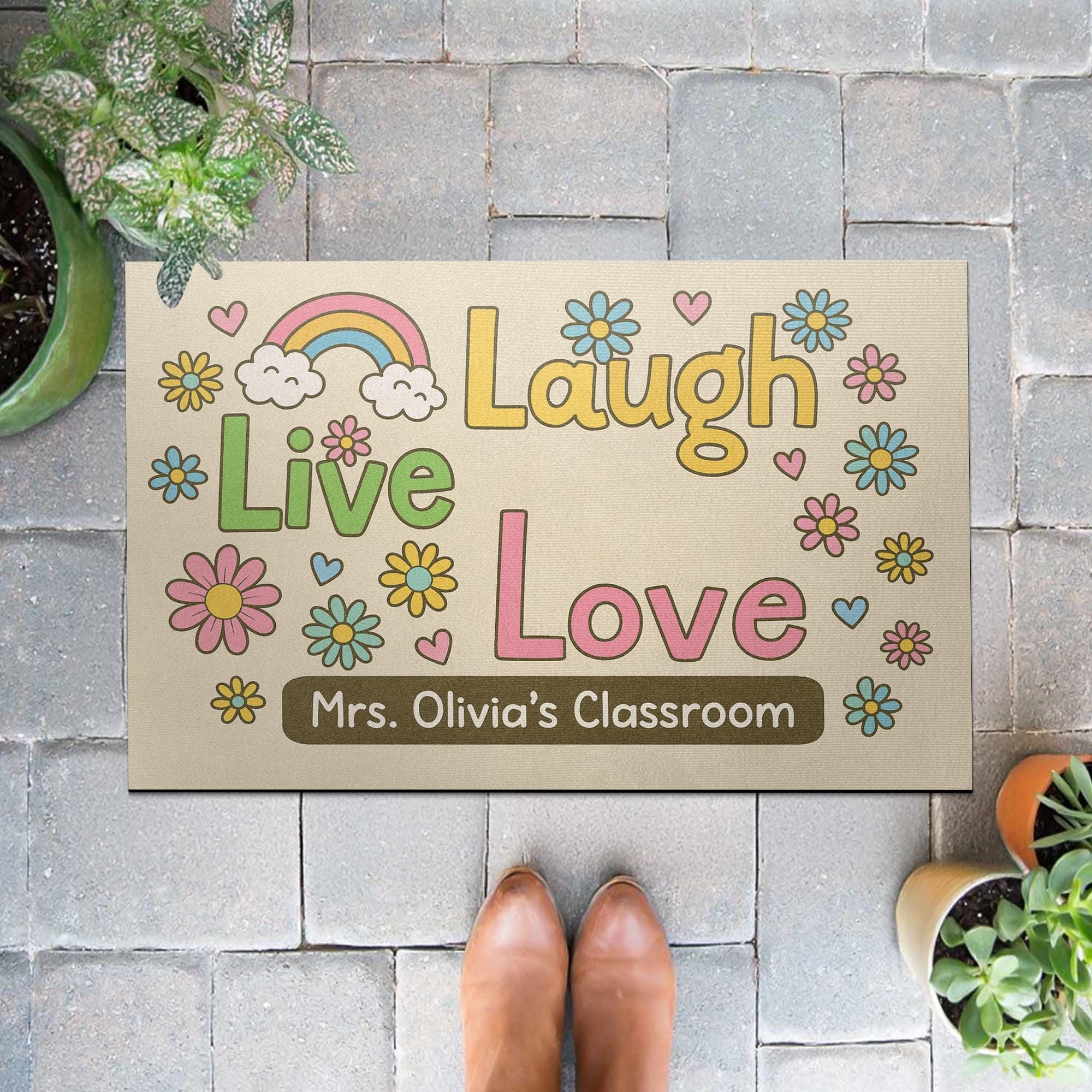 Personalized Classroom Doormat, Live Laugh Love Rug with Flowers, Rainbow Teacher Door Mat, Custom Back to School Decor Gift, Rainbow Mat