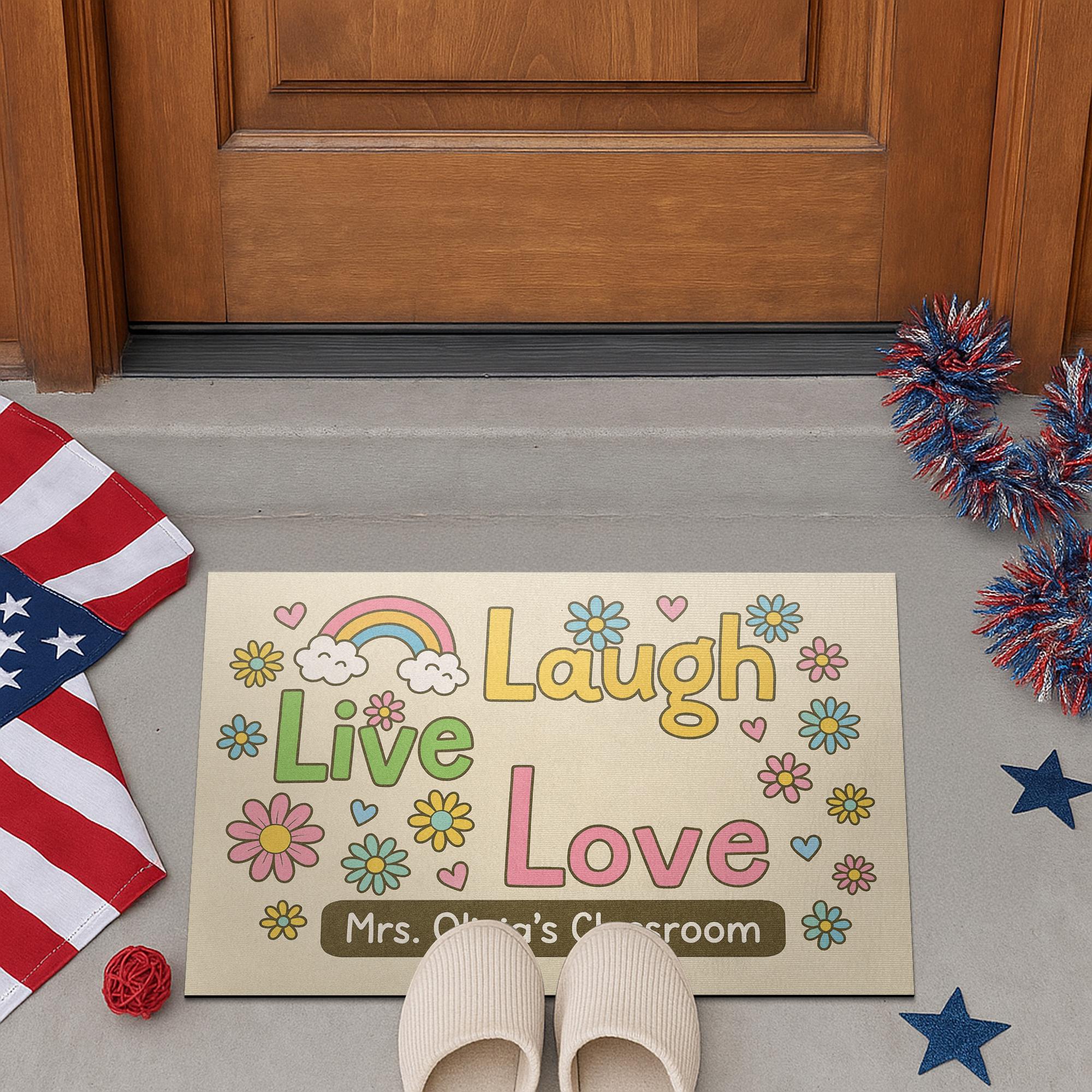 Personalized Classroom Doormat, Live Laugh Love Rug with Flowers, Rainbow Teacher Door Mat, Custom Back to School Decor Gift, Rainbow Mat