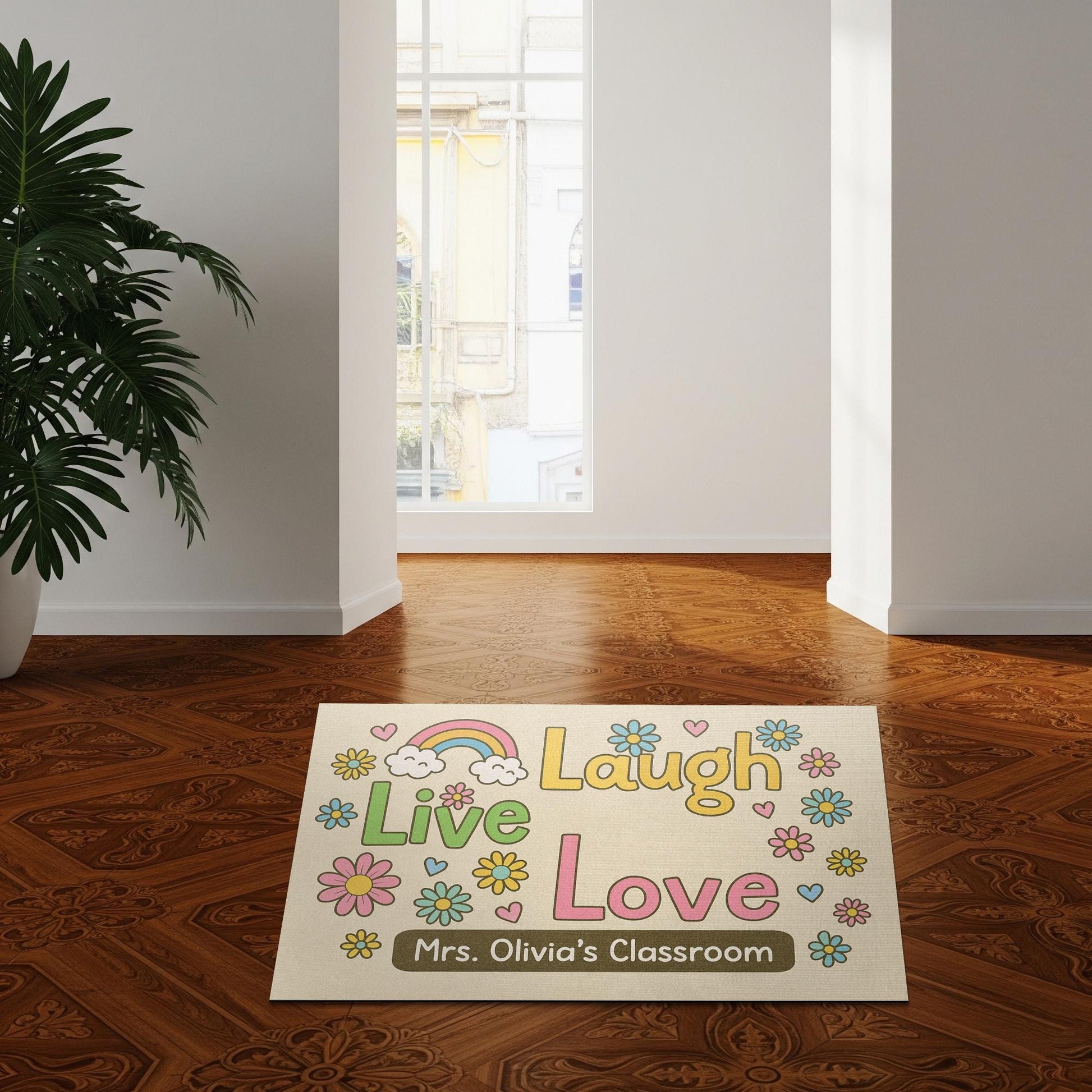 Personalized Classroom Doormat, Live Laugh Love Rug with Flowers, Rainbow Teacher Door Mat, Custom Back to School Decor Gift, Rainbow Mat