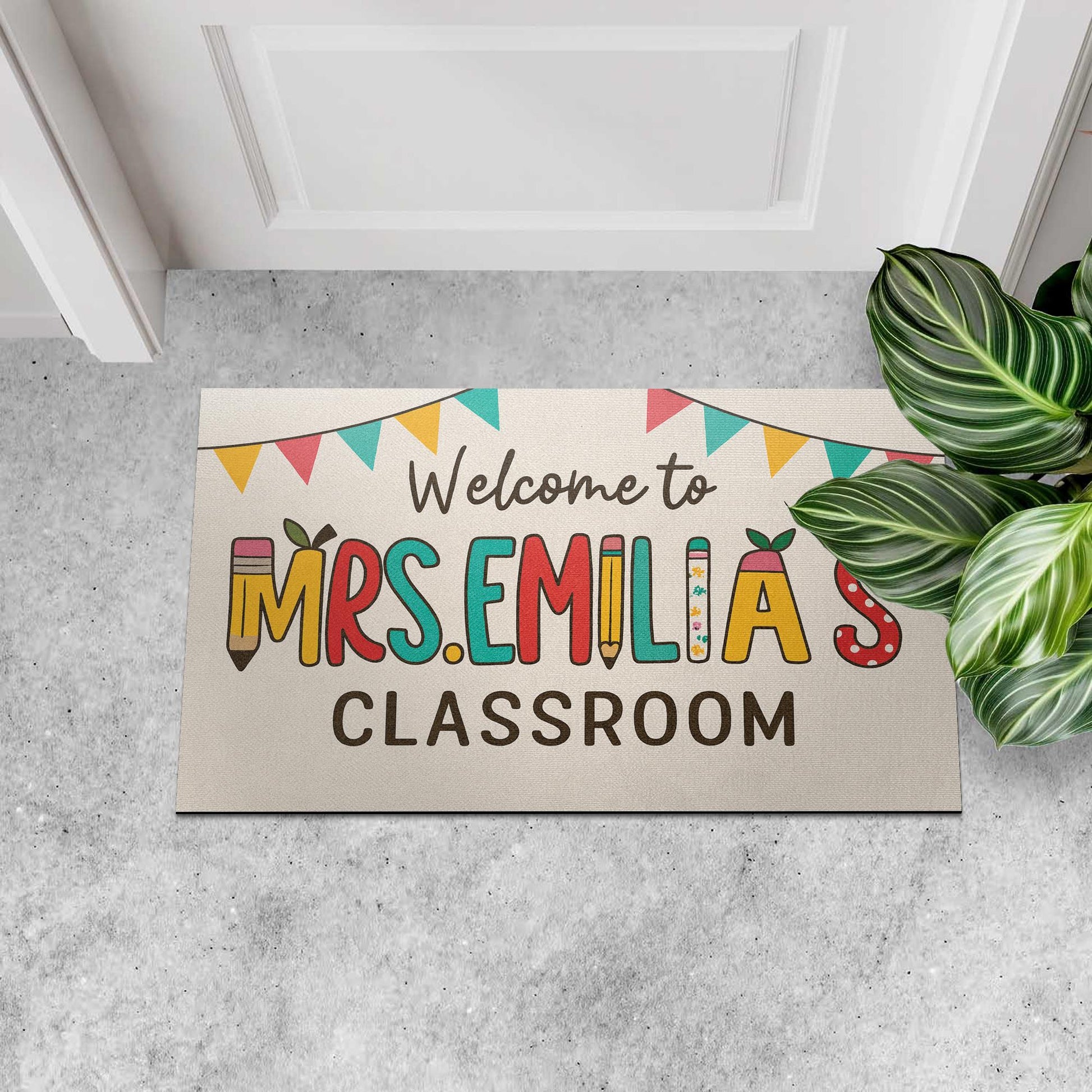 Personalized Teacher Classroom Doormat, Welcome Mat with Name and Banner, Custom School Door Rug, Cute Back to School Decor Gift