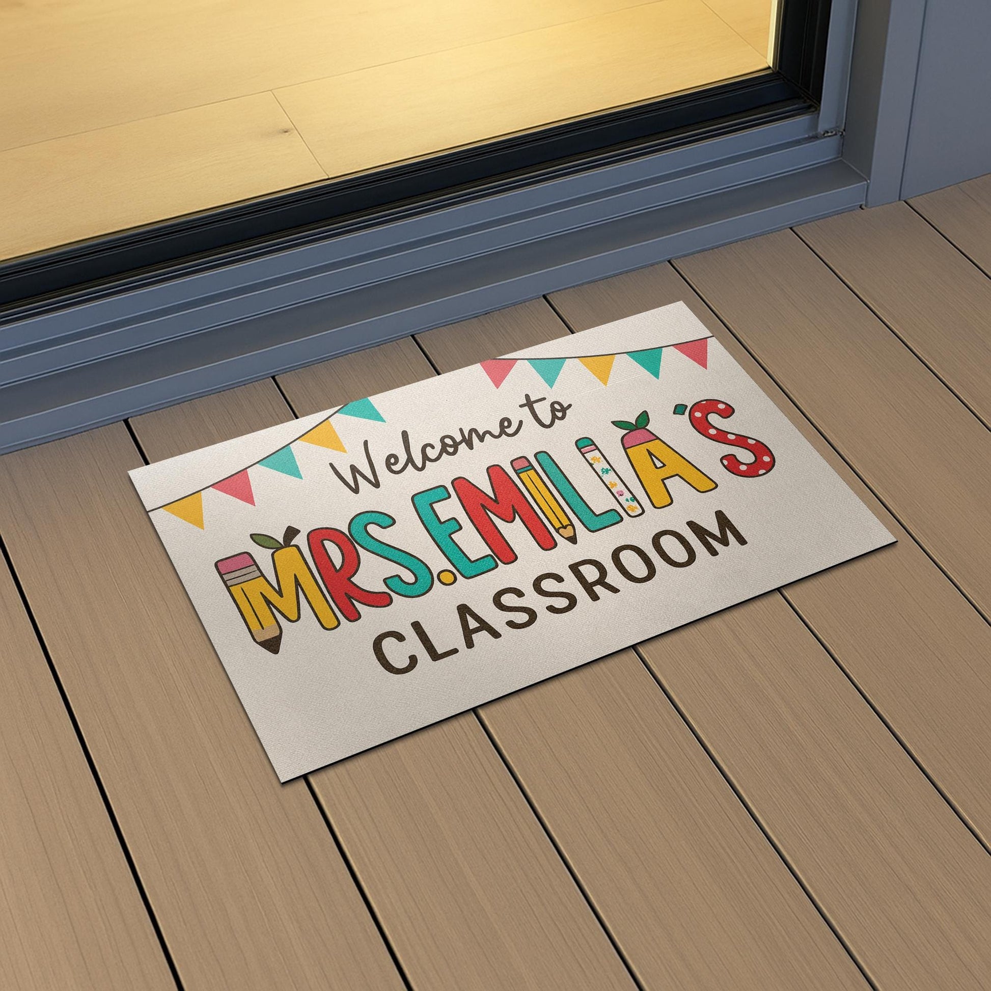 Personalized Teacher Classroom Doormat, Welcome Mat with Name and Banner, Custom School Door Rug, Cute Back to School Decor Gift
