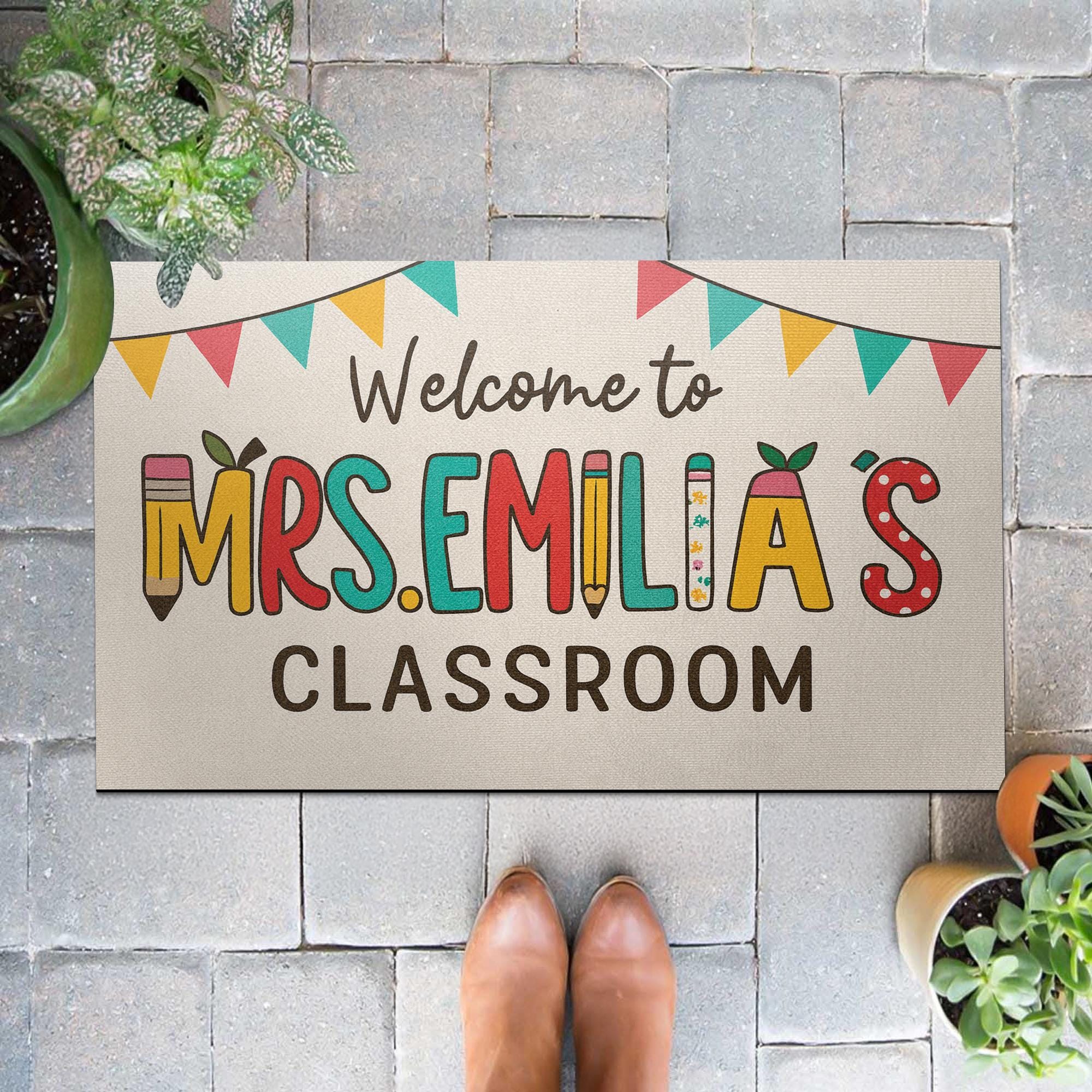 Personalized Teacher Classroom Doormat, Welcome Mat with Name and Banner, Custom School Door Rug, Cute Back to School Decor Gift