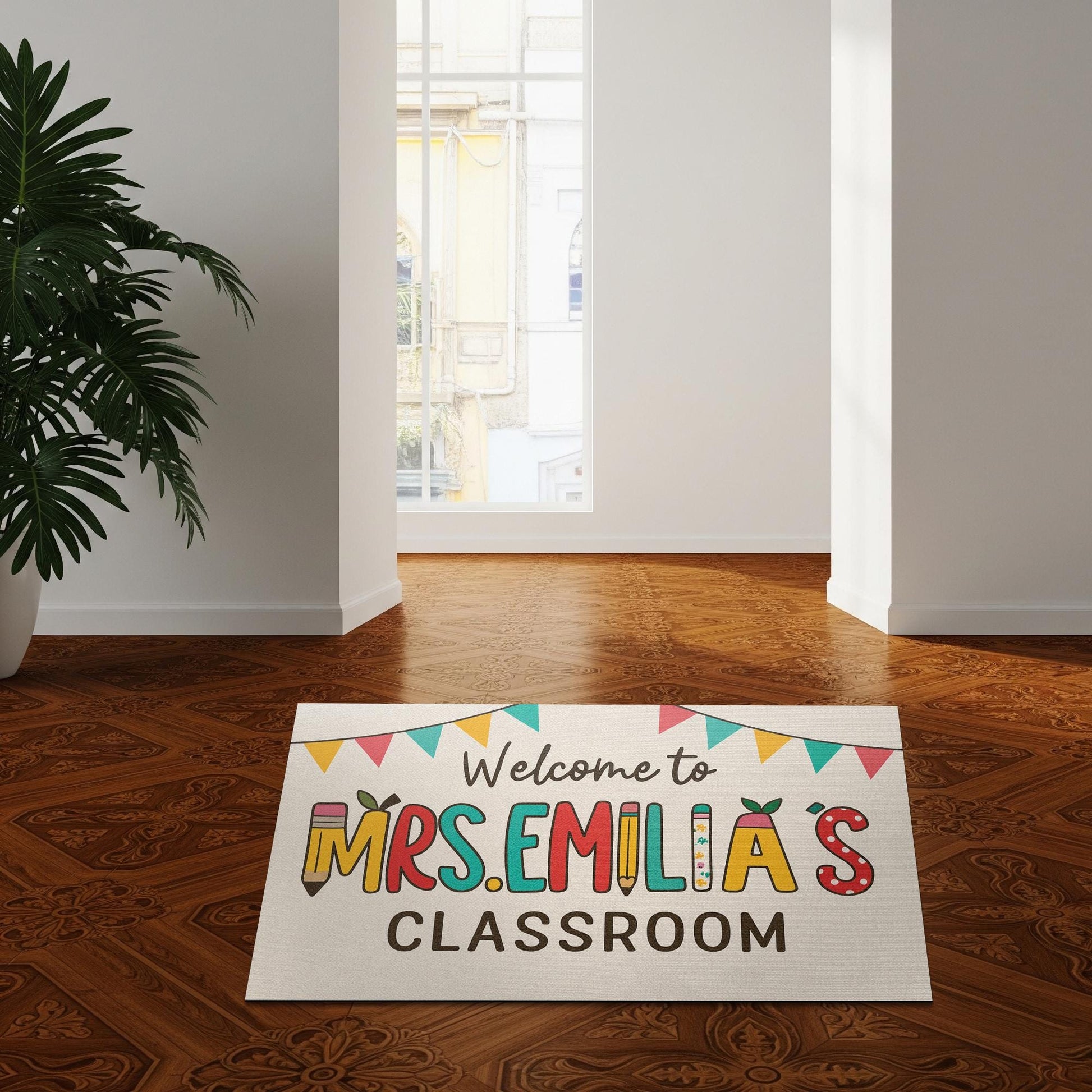 Personalized Teacher Classroom Doormat, Welcome Mat with Name and Banner, Custom School Door Rug, Cute Back to School Decor Gift