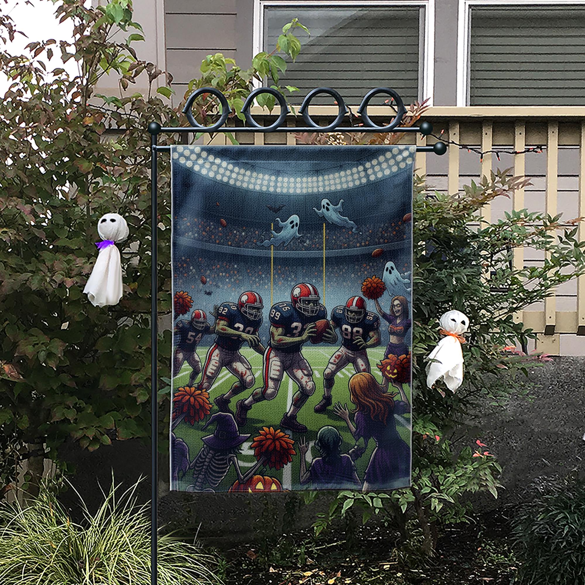 Funny Halloween Football Garden Flag – Spooky Sports Stadium Decor, Skeleton Cheerleaders, Ghosts & Pumpkin Fall Yard Banner