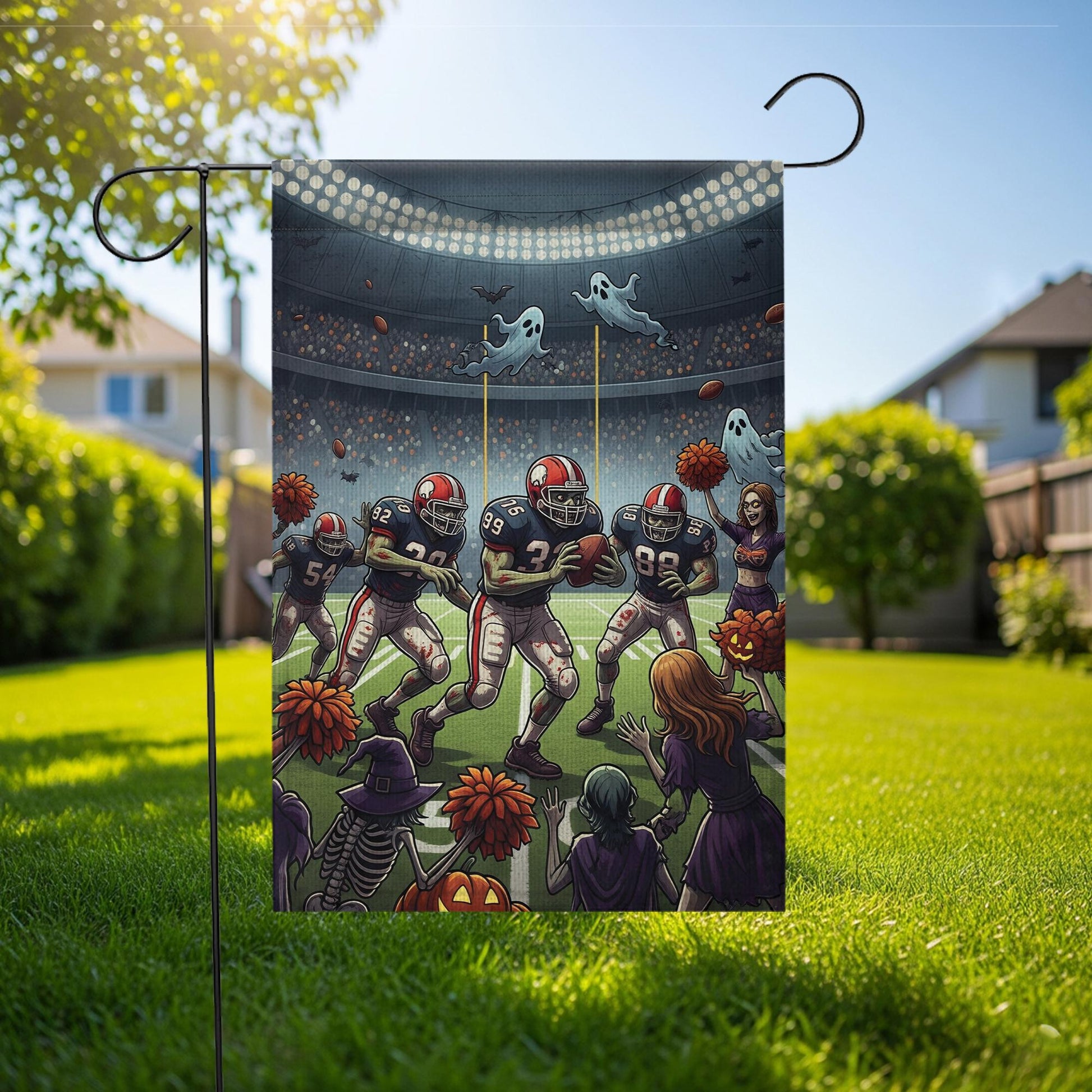 Funny Halloween Football Garden Flag – Spooky Sports Stadium Decor, Skeleton Cheerleaders, Ghosts & Pumpkin Fall Yard Banner
