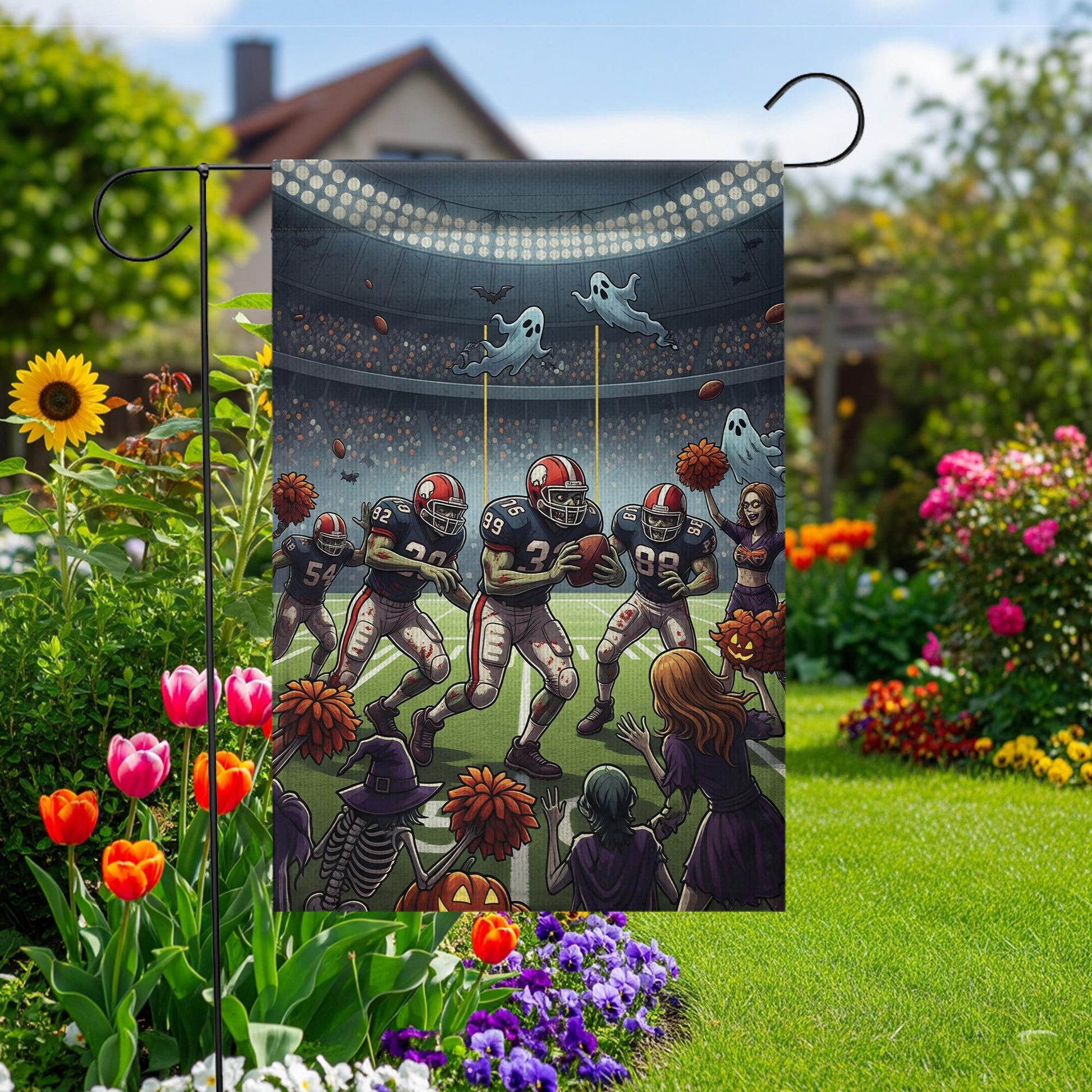 Funny Halloween Football Garden Flag – Spooky Sports Stadium Decor, Skeleton Cheerleaders, Ghosts & Pumpkin Fall Yard Banner