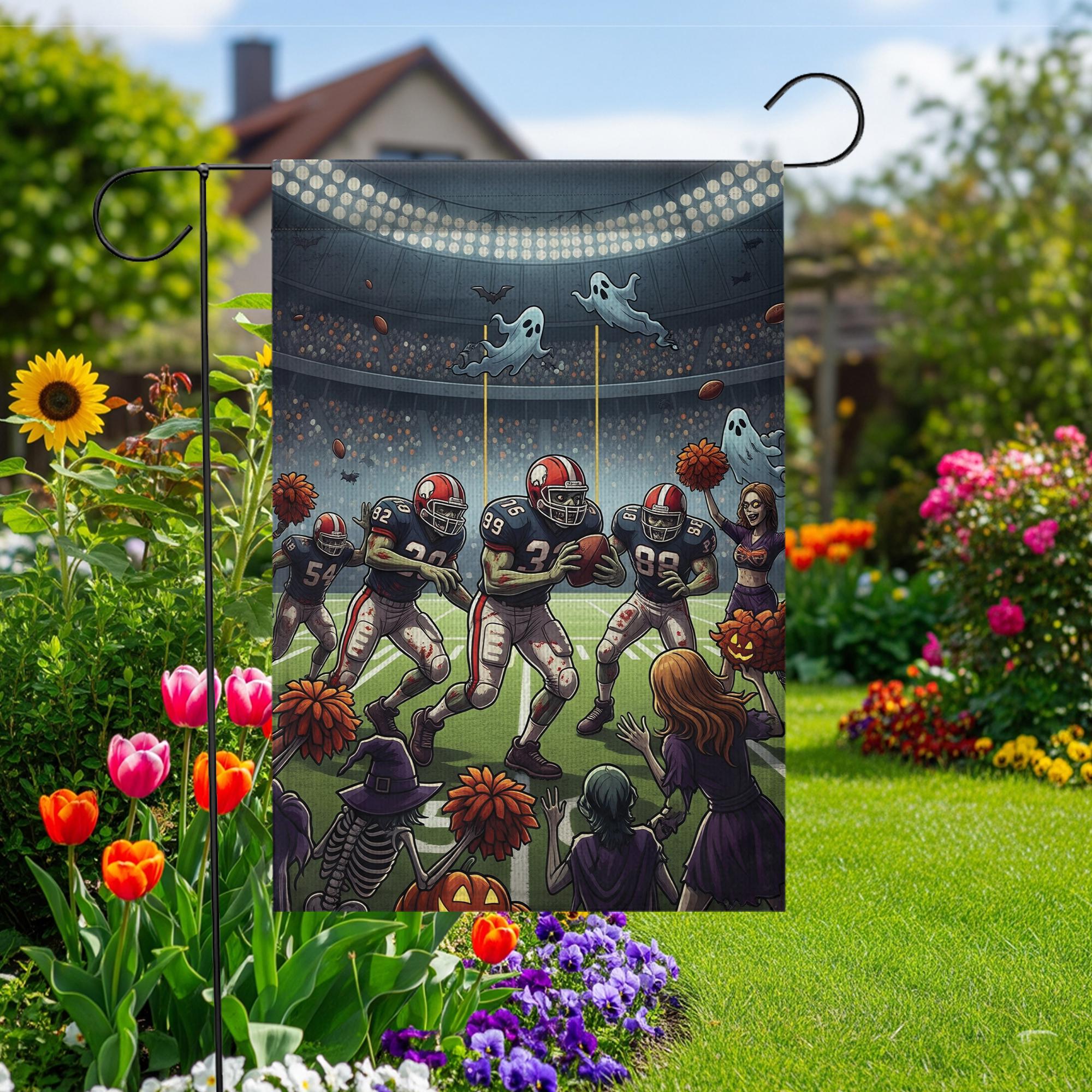 Funny Halloween Football Garden Flag – Spooky Sports Stadium Decor, Skeleton Cheerleaders, Ghosts & Pumpkin Fall Yard Banner
