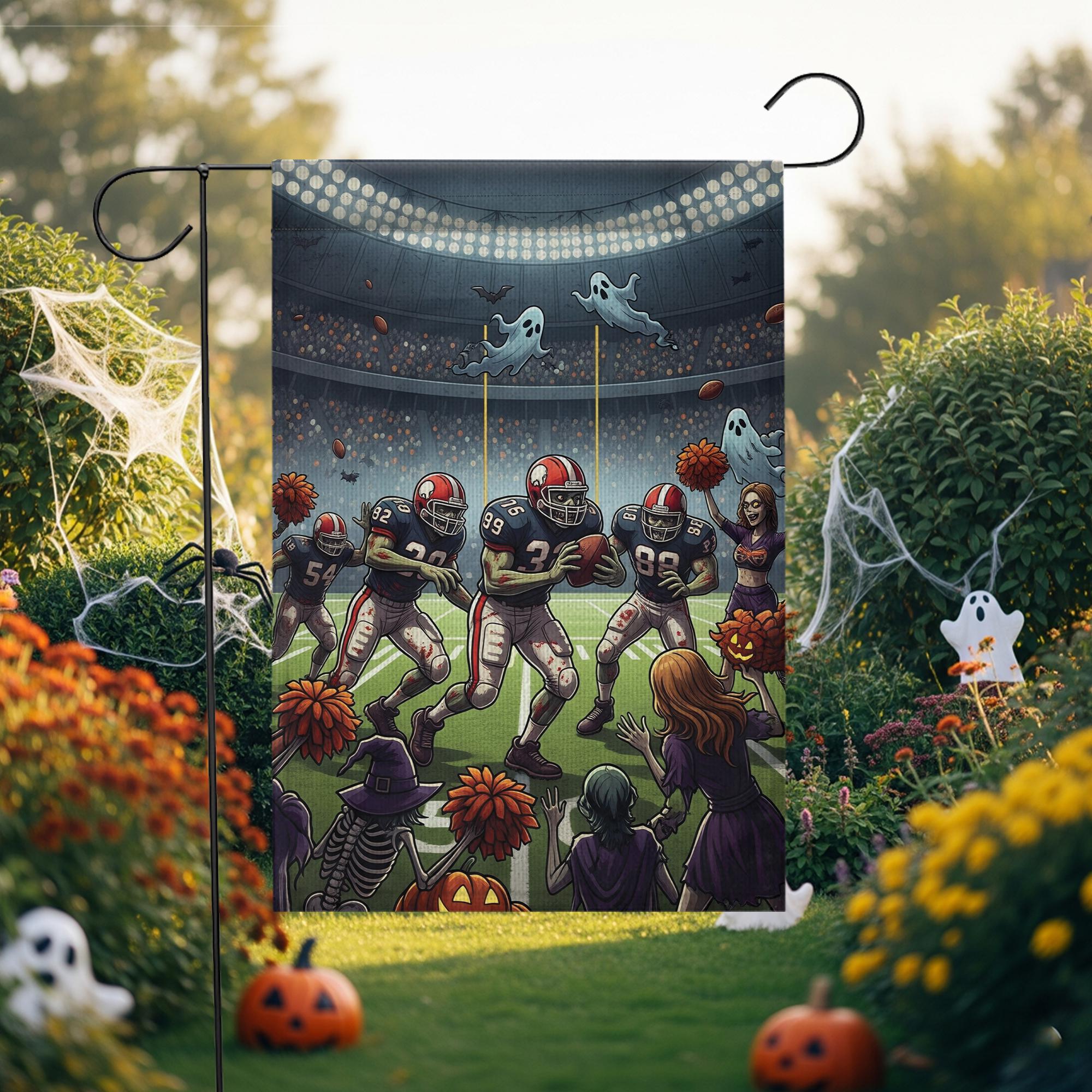 Funny Halloween Football Garden Flag – Spooky Sports Stadium Decor, Skeleton Cheerleaders, Ghosts & Pumpkin Fall Yard Banner