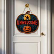 Unwelcome Halloween Door Sign, Scary Wooden Pumpkin Wall Decor, Haunted House Porch Sign, Spooky Fall Front Door Accent