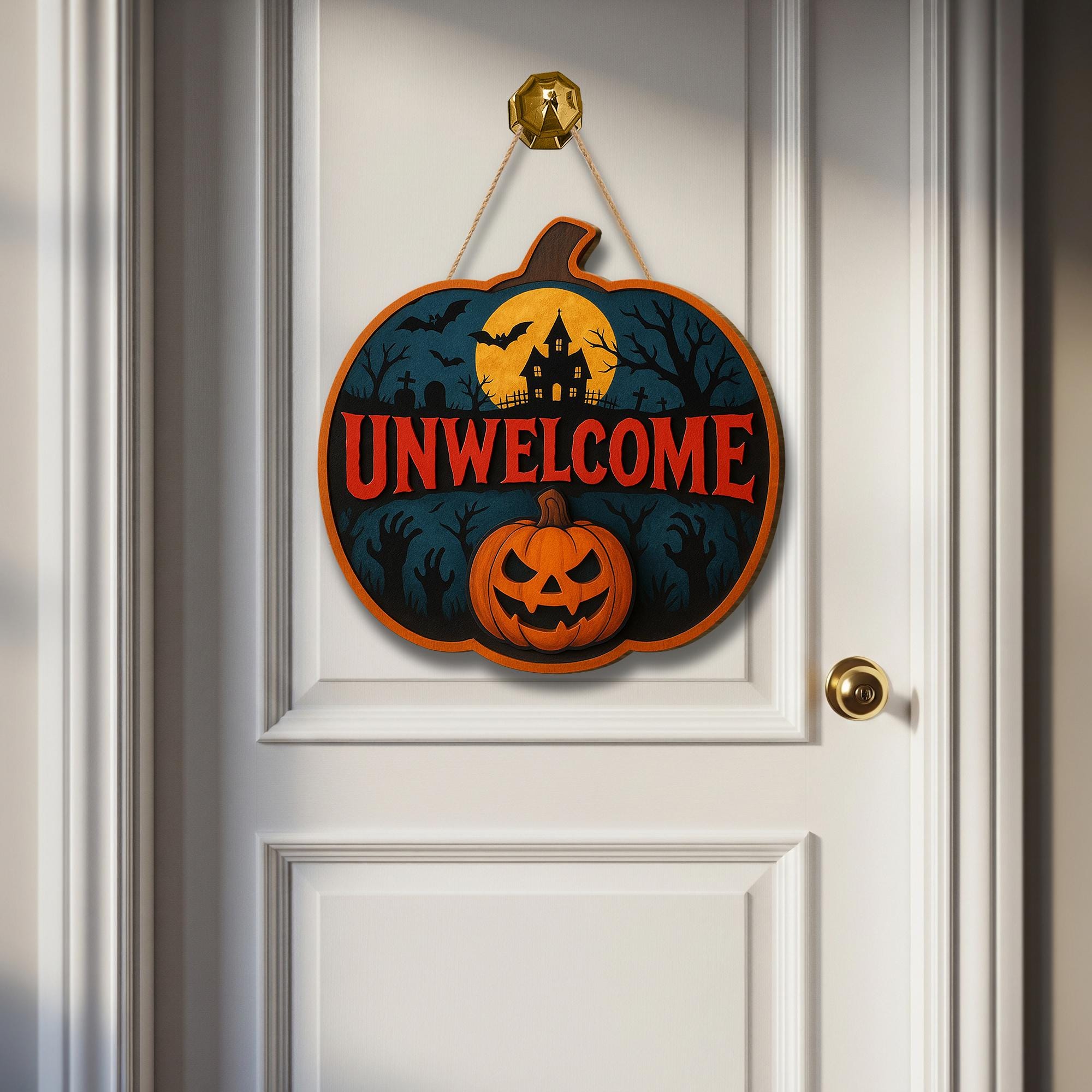 Unwelcome Halloween Door Sign, Scary Wooden Pumpkin Wall Decor, Haunted House Porch Sign, Spooky Fall Front Door Accent