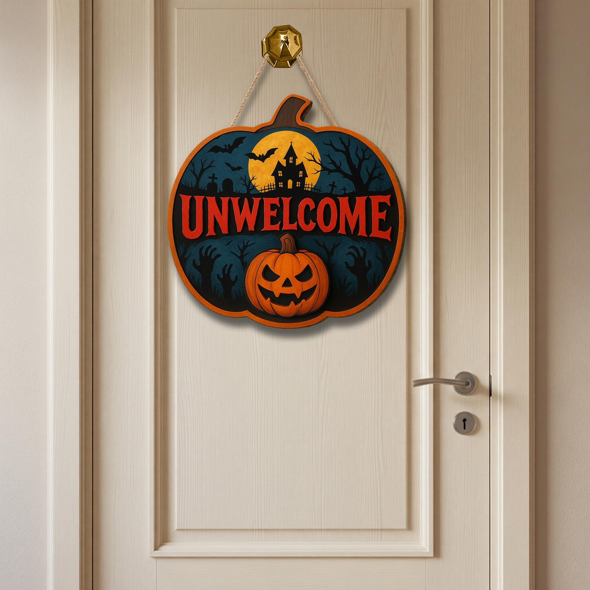 Unwelcome Halloween Door Sign, Scary Wooden Pumpkin Wall Decor, Haunted House Porch Sign, Spooky Fall Front Door Accent