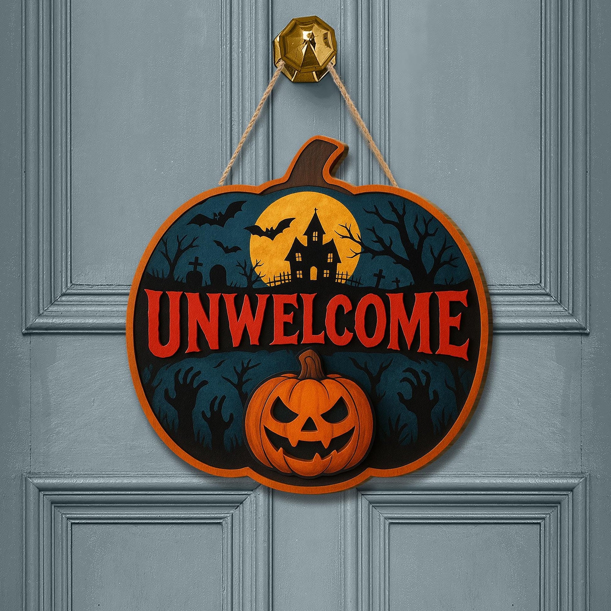 Unwelcome Halloween Door Sign, Scary Wooden Pumpkin Wall Decor, Haunted House Porch Sign, Spooky Fall Front Door Accent