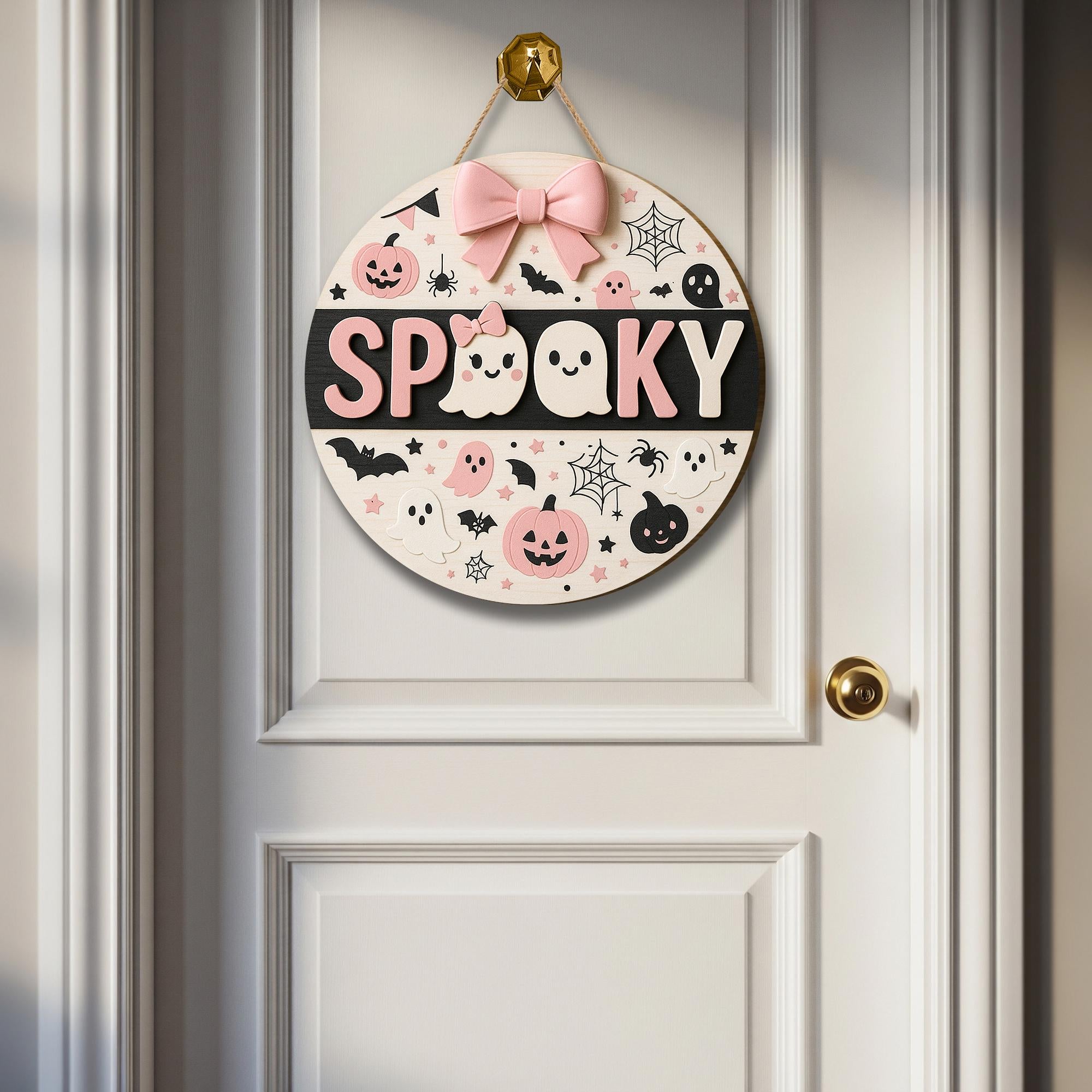 Cute Spooky Halloween Wooden Sign, Pink Ghost 3D Door Hanger, Pastel Goth Fall Decor, Kawaii Pumpkin Wall Hanging