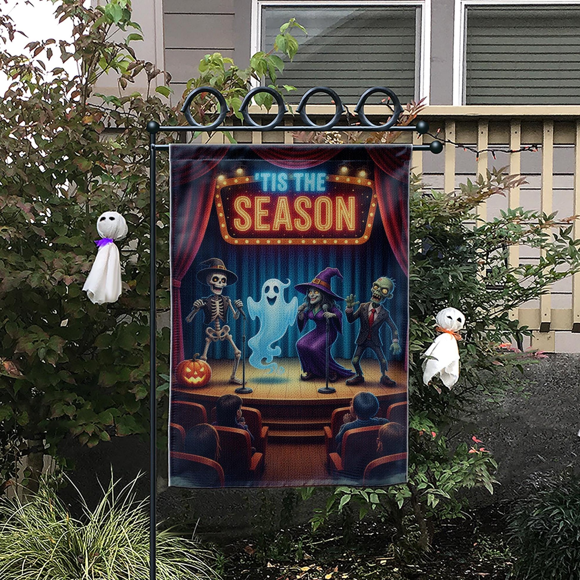 Funny Halloween Comedy Show Flag – Tis the Season Ghost Witch Skeleton Zombie Fall Yard Banner, Spooky Stage Outdoor Decor