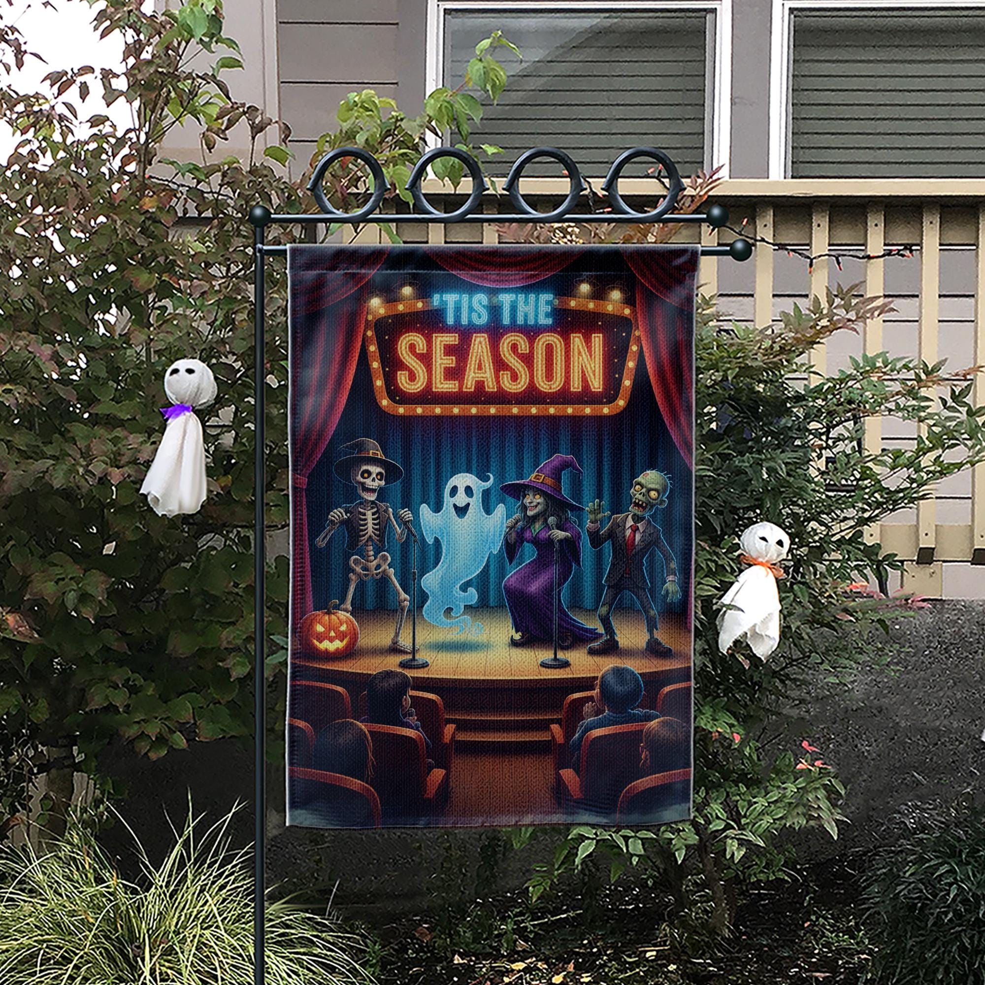 Funny Halloween Comedy Show Flag – Tis the Season Ghost Witch Skeleton Zombie Fall Yard Banner, Spooky Stage Outdoor Decor