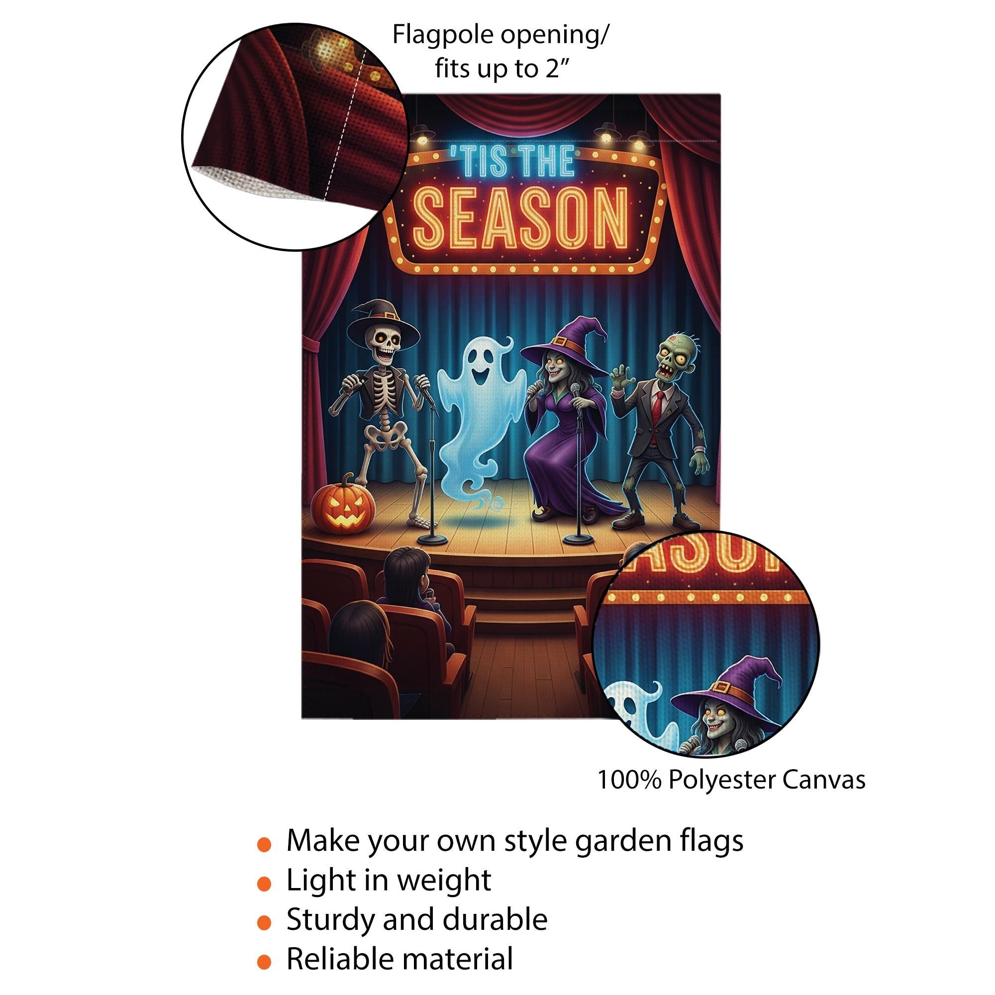 Funny Halloween Comedy Show Flag – Tis the Season Ghost Witch Skeleton Zombie Fall Yard Banner, Spooky Stage Outdoor Decor