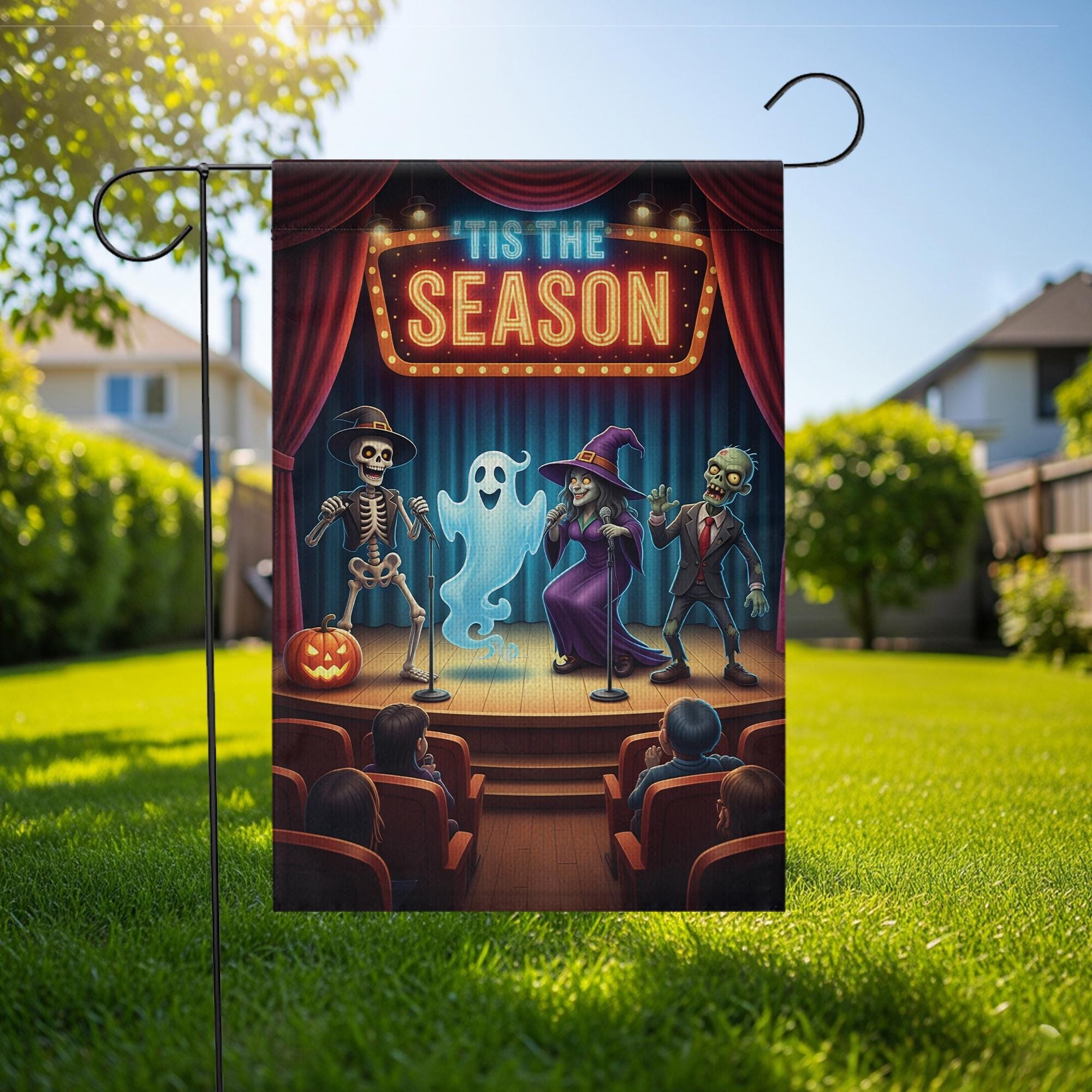 Funny Halloween Comedy Show Flag – Tis the Season Ghost Witch Skeleton Zombie Fall Yard Banner, Spooky Stage Outdoor Decor