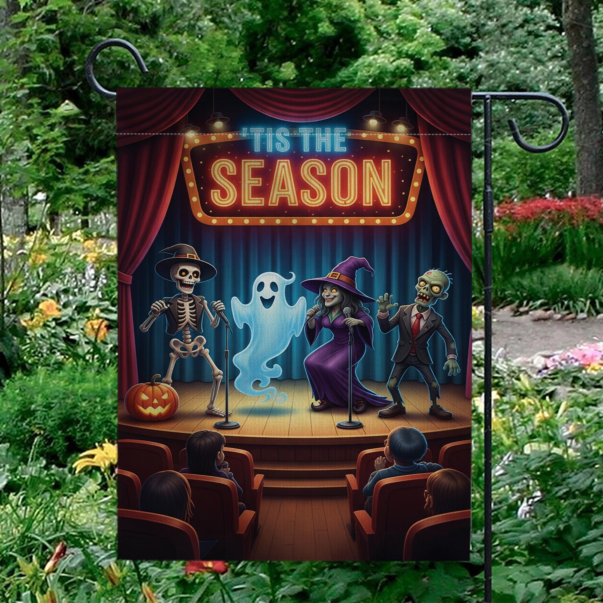 Funny Halloween Comedy Show Flag – Tis the Season Ghost Witch Skeleton Zombie Fall Yard Banner, Spooky Stage Outdoor Decor