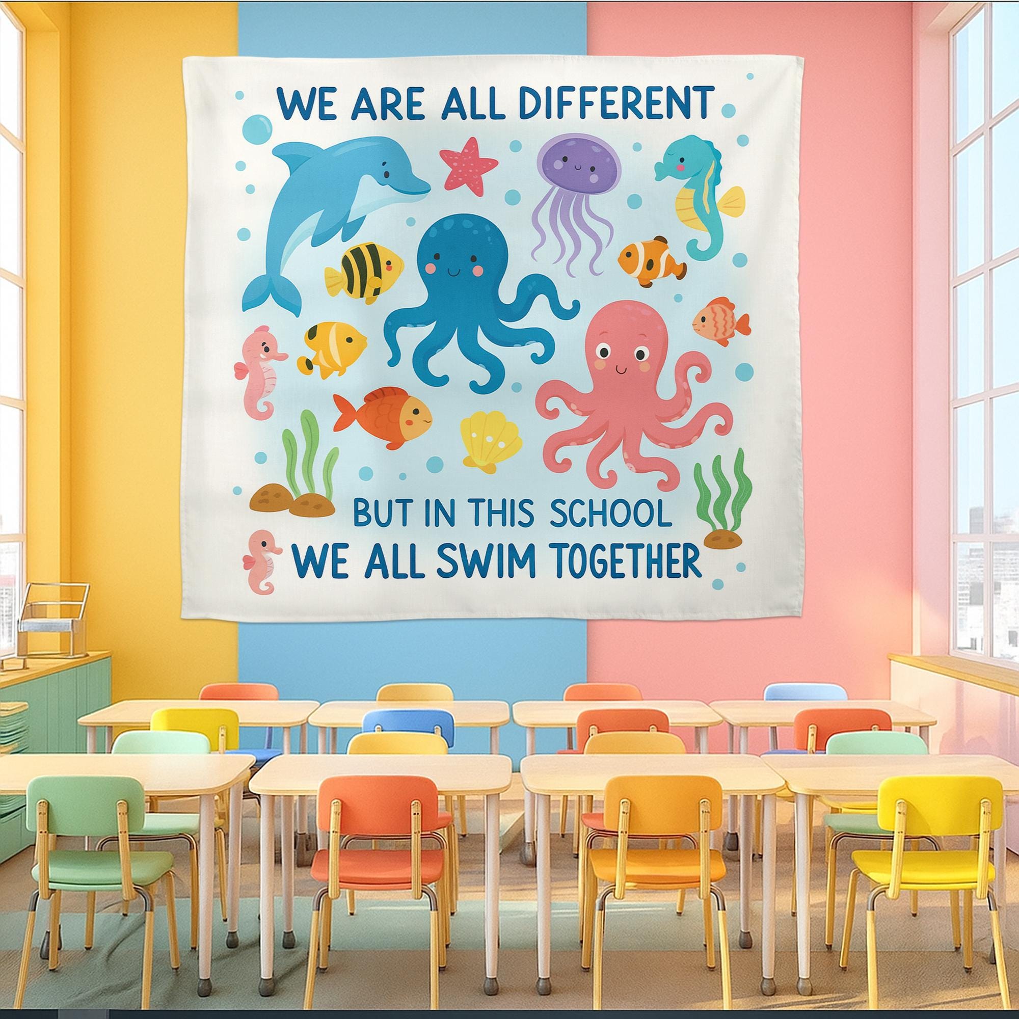 Ocean Theme Classroom Banner, We All Swim Together Wall Decor, Inclusive School Poster, Under the Sea Teacher Decoration, Sea Decor Gift