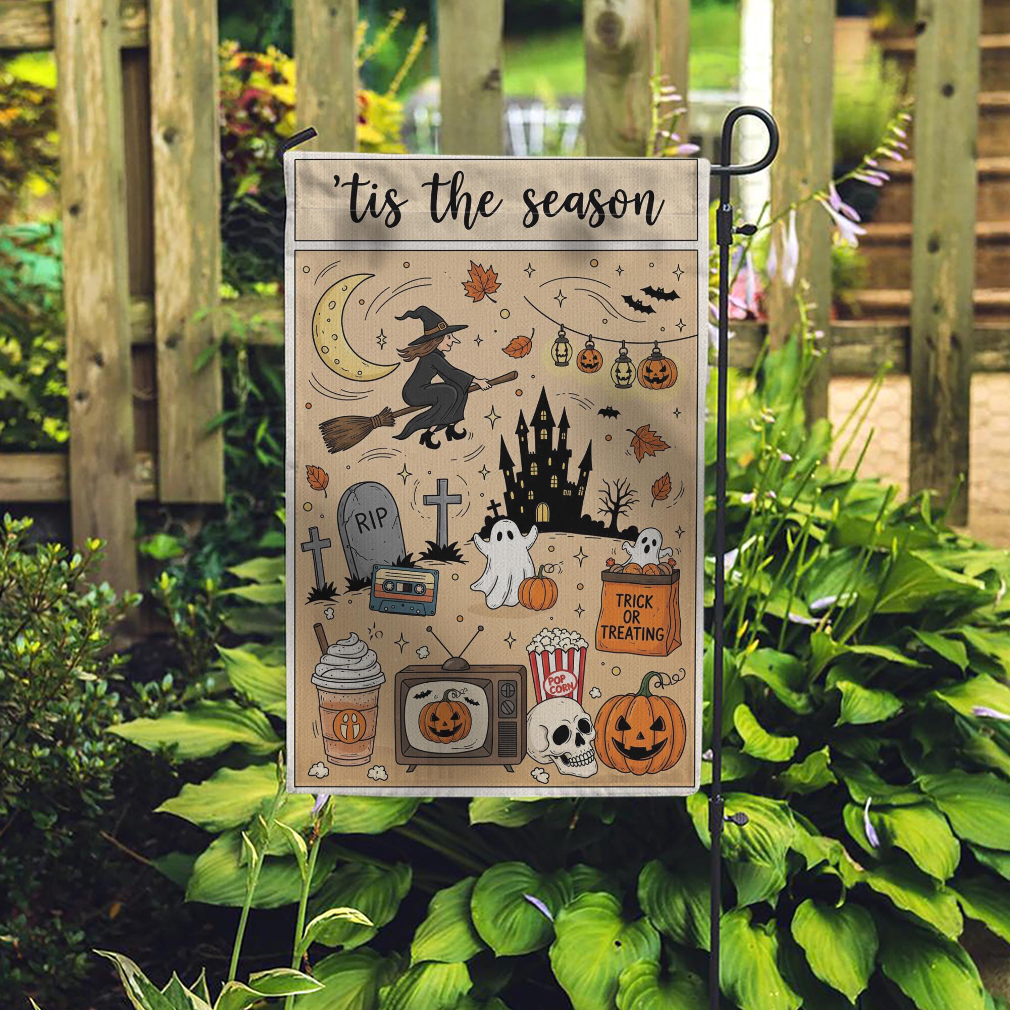 Vintage Halloween Garden Flag – Tis the Season Witch Ghost Pumpkins Castle Trick or Treat Yard Decor for Fall Outdoor Spooky Vibes