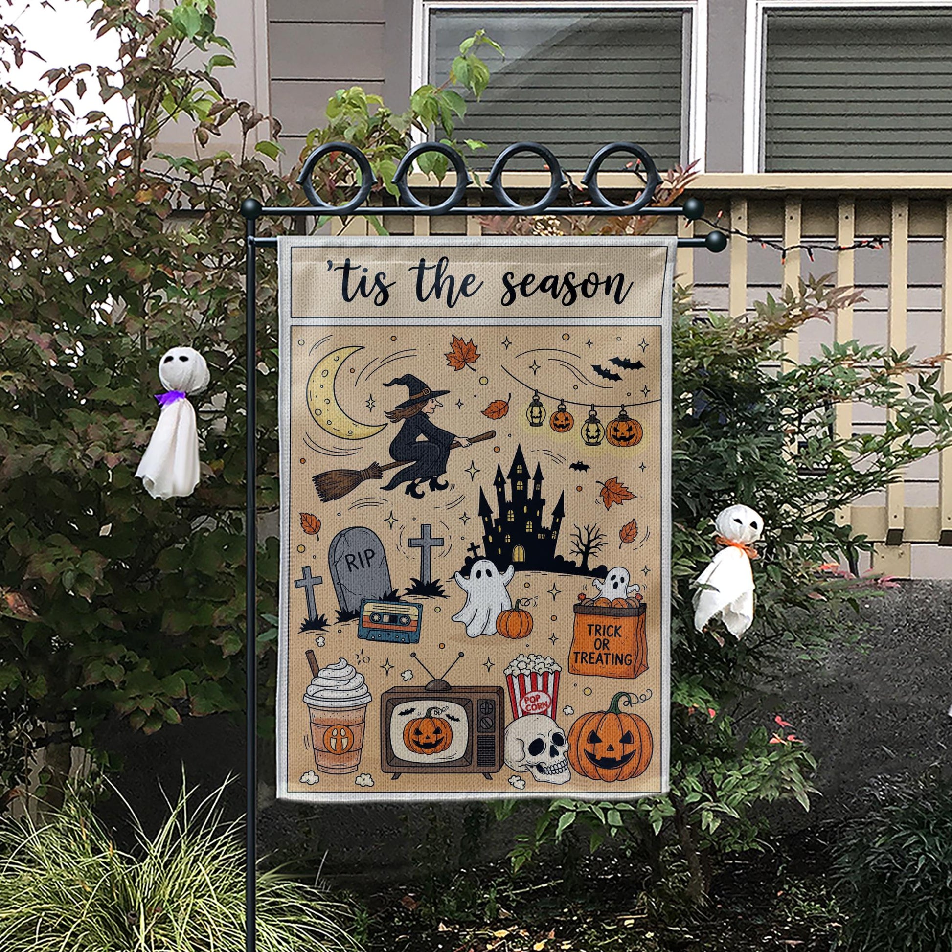 Vintage Halloween Garden Flag – Tis the Season Witch Ghost Pumpkins Castle Trick or Treat Yard Decor for Fall Outdoor Spooky Vibes