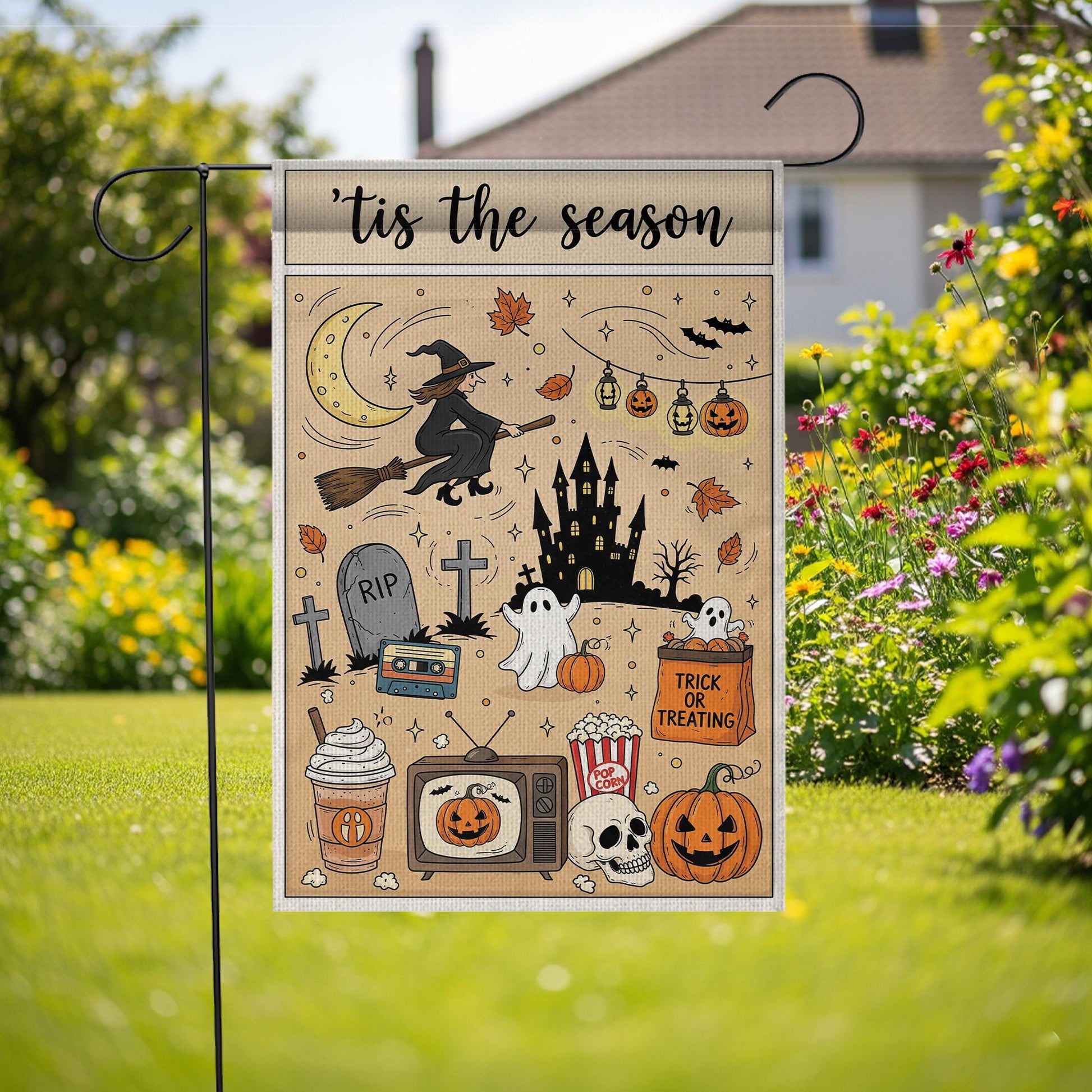 Vintage Halloween Garden Flag – Tis the Season Witch Ghost Pumpkins Castle Trick or Treat Yard Decor for Fall Outdoor Spooky Vibes