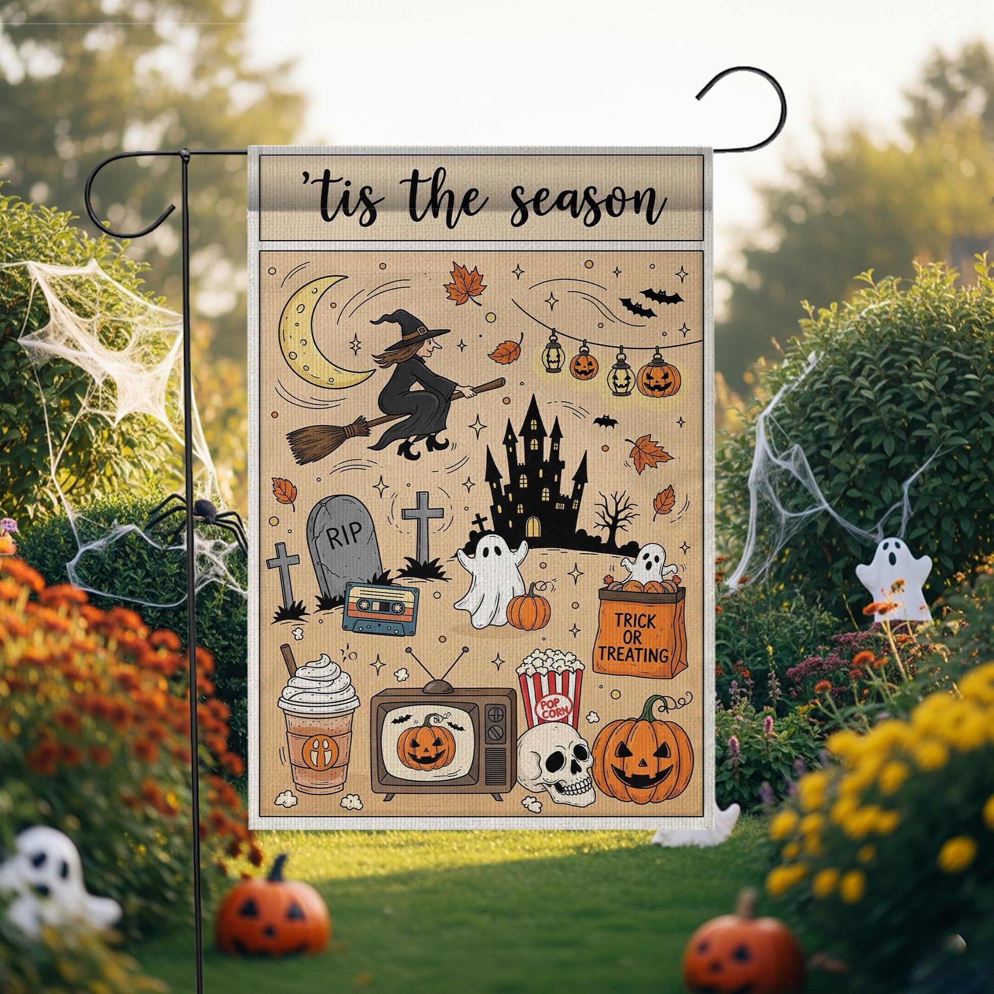 Vintage Halloween Garden Flag – Tis the Season Witch Ghost Pumpkins Castle Trick or Treat Yard Decor for Fall Outdoor Spooky Vibes