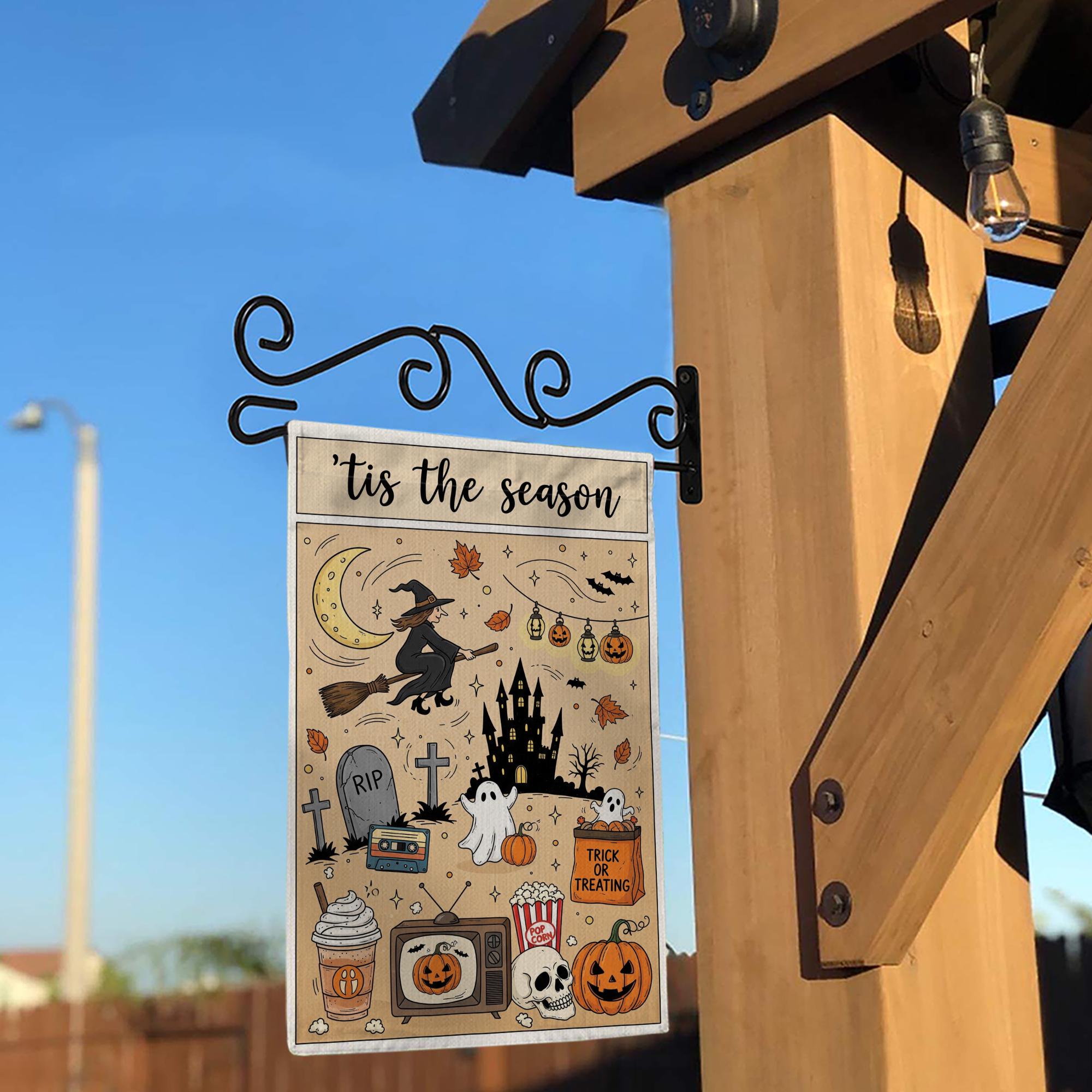 Vintage Halloween Garden Flag – Tis the Season Witch Ghost Pumpkins Castle Trick or Treat Yard Decor for Fall Outdoor Spooky Vibes