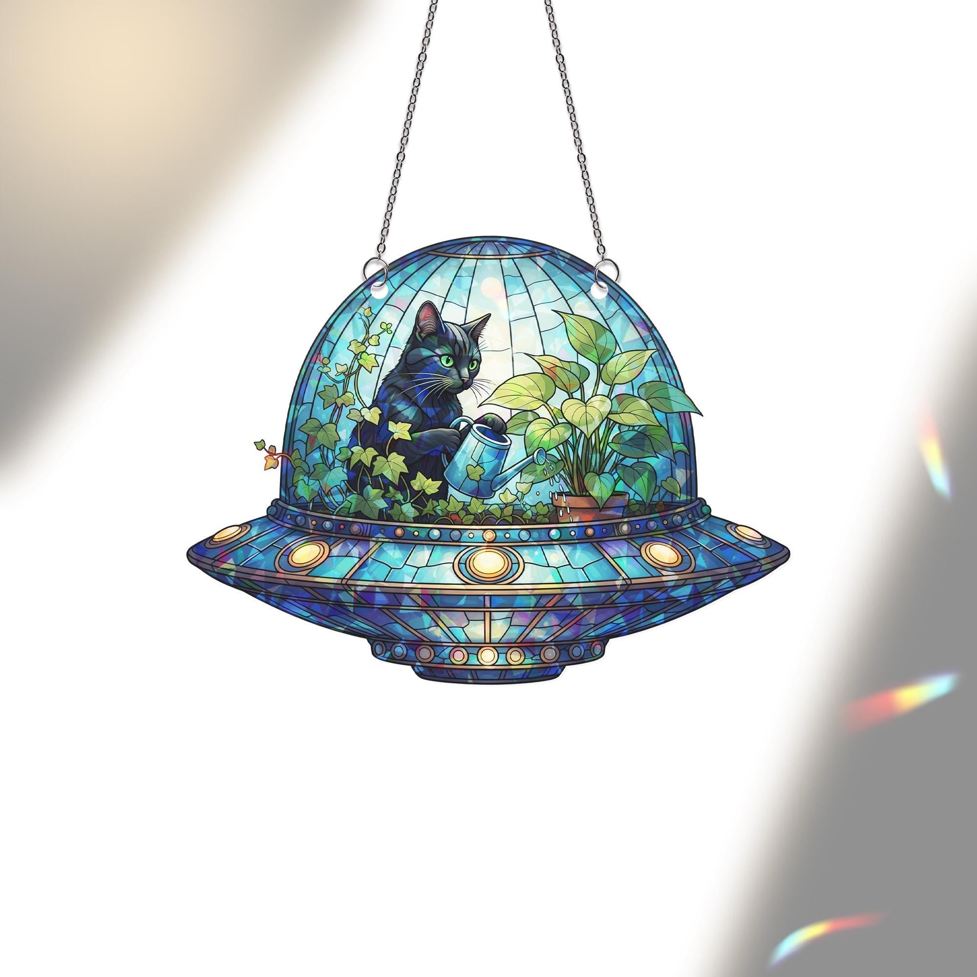 Cat in UFO Holographic Window Hanging – Stained Glass Look Alien Spaceship Black Cat Plant Lover Suncatcher Home Decor Gift Idea