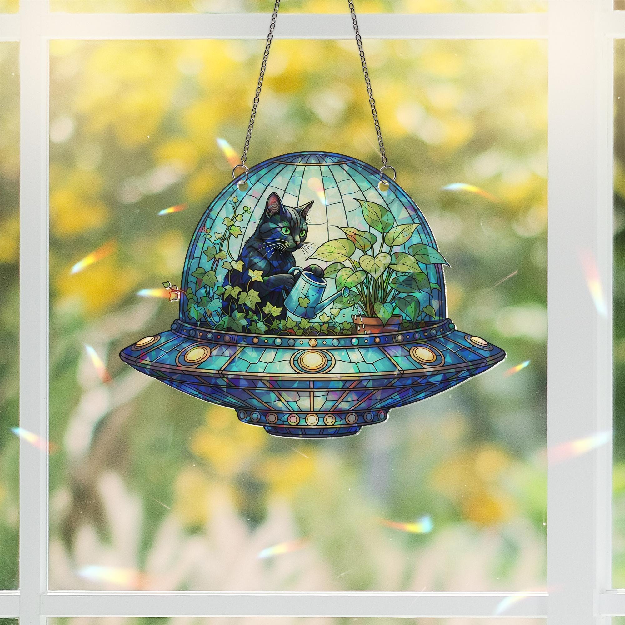 Cat in UFO Holographic Window Hanging – Stained Glass Look Alien Spaceship Black Cat Plant Lover Suncatcher Home Decor Gift Idea