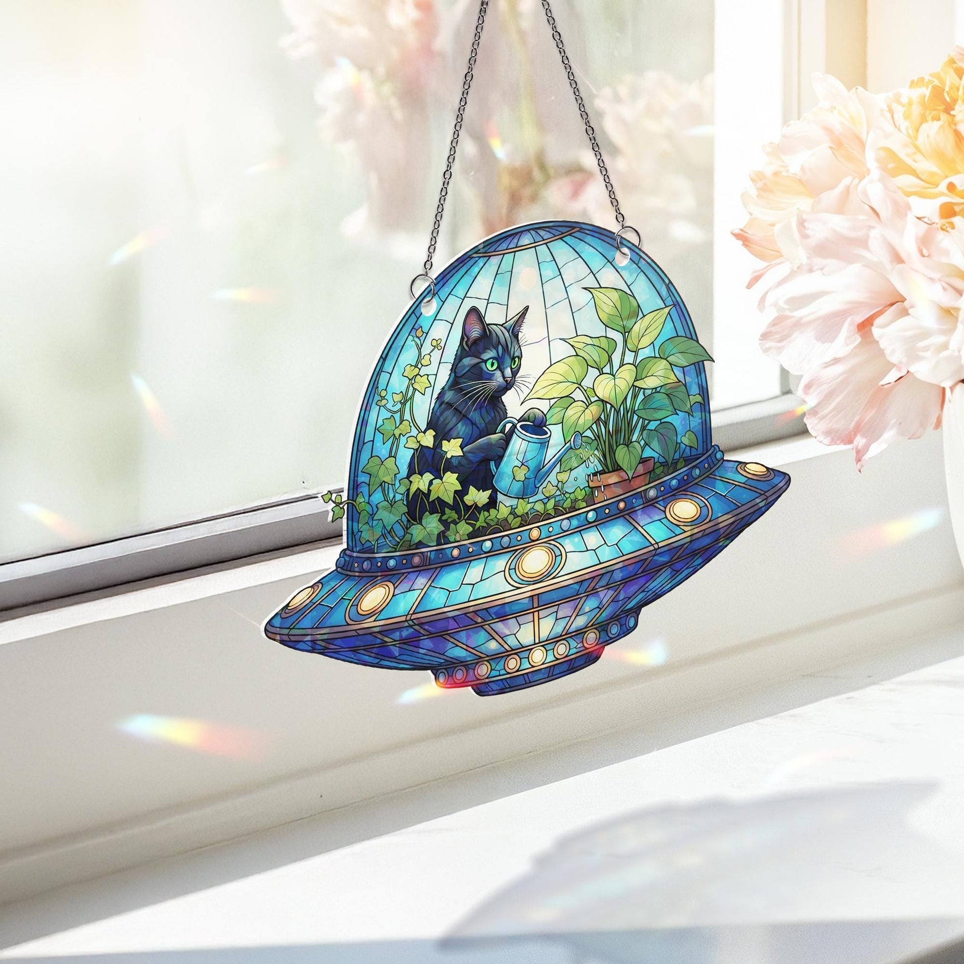 Cat in UFO Holographic Window Hanging – Stained Glass Look Alien Spaceship Black Cat Plant Lover Suncatcher Home Decor Gift Idea