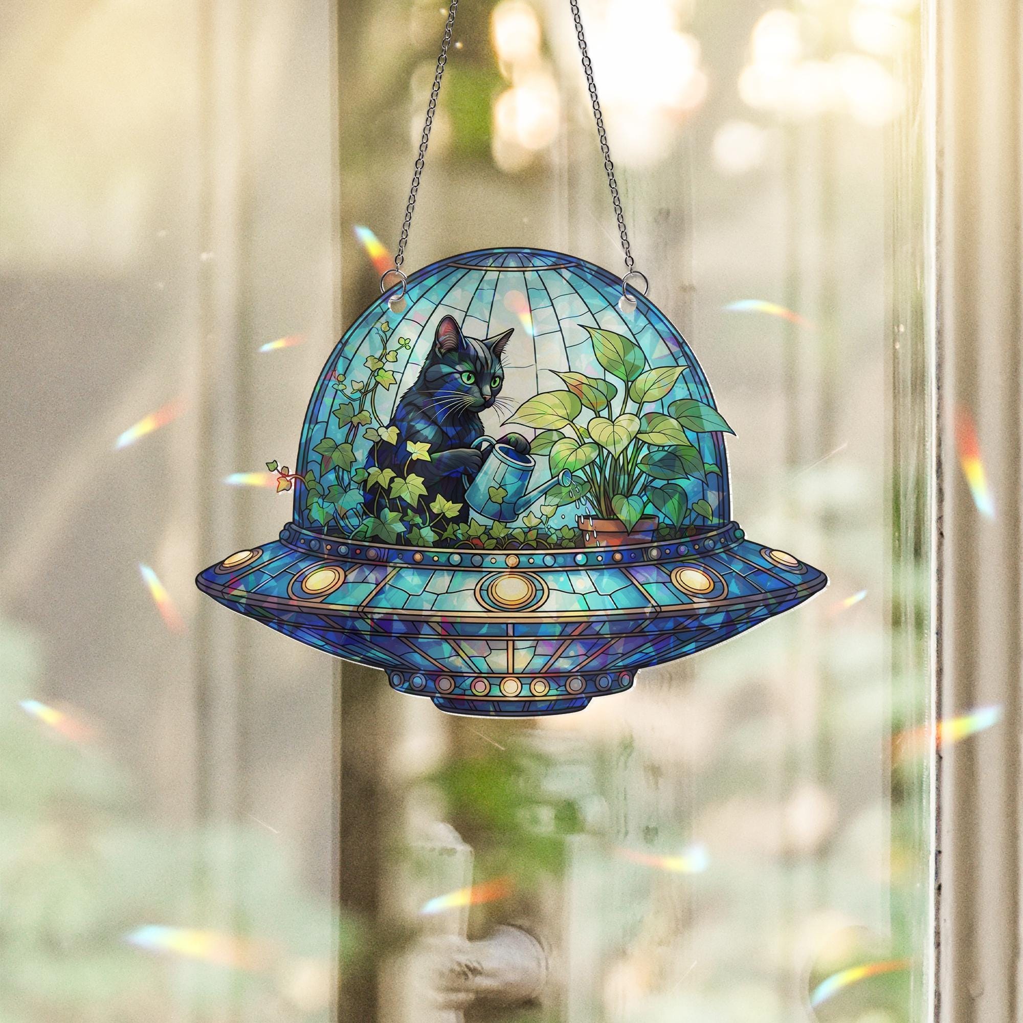 Cat in UFO Holographic Window Hanging – Stained Glass Look Alien Spaceship Black Cat Plant Lover Suncatcher Home Decor Gift Idea