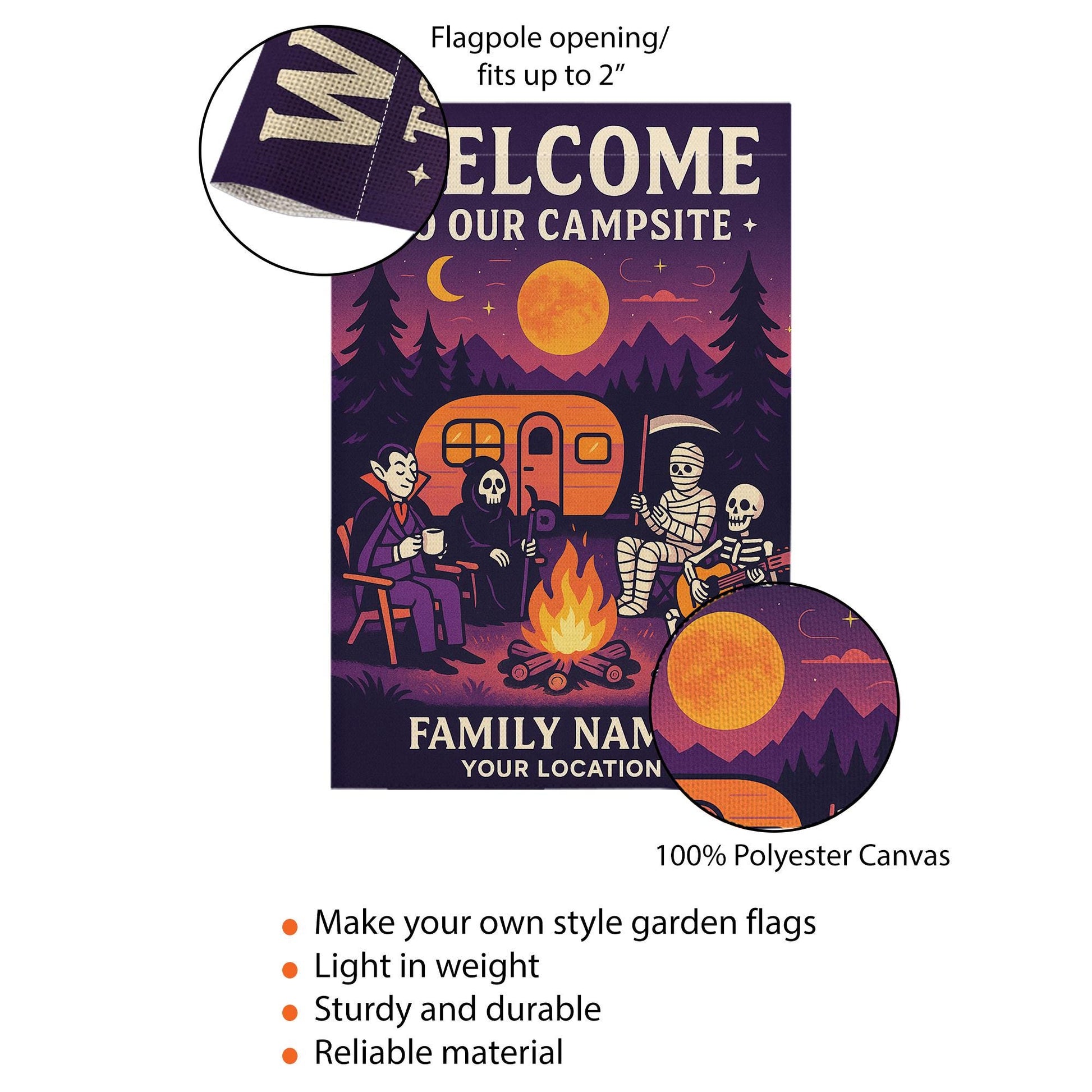 Halloween Camping Garden Flag, Personalized Campsite Flag, Custom Fall Campfire Sign, Funny Outdoor Yard Decor, RV Halloween Gift