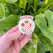 BOOjee Ghost Badge Reel – Cute Halloween Badge Holder, Pink Checkered Spooky Nurse ID Clip, Funny Ghost Fall Accessory for Work