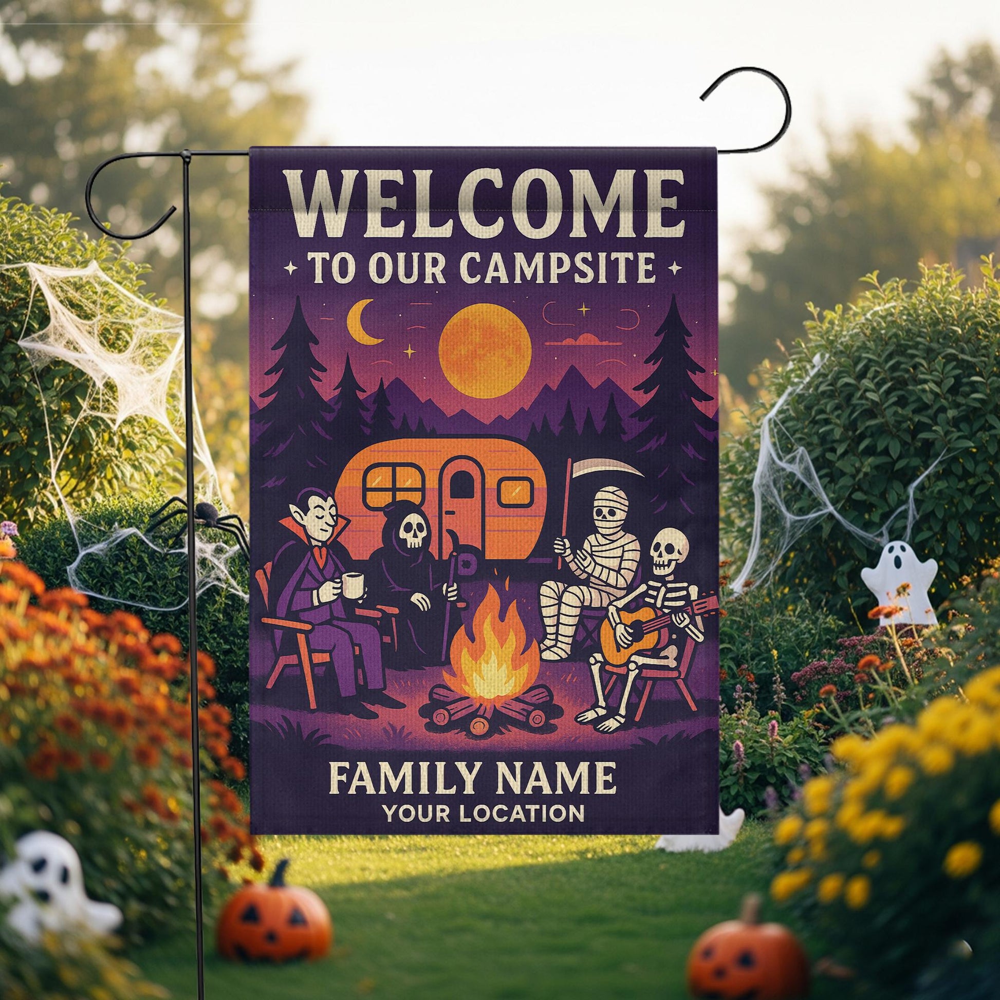 Halloween Camping Garden Flag, Personalized Campsite Flag, Custom Fall Campfire Sign, Funny Outdoor Yard Decor, RV Halloween Gift