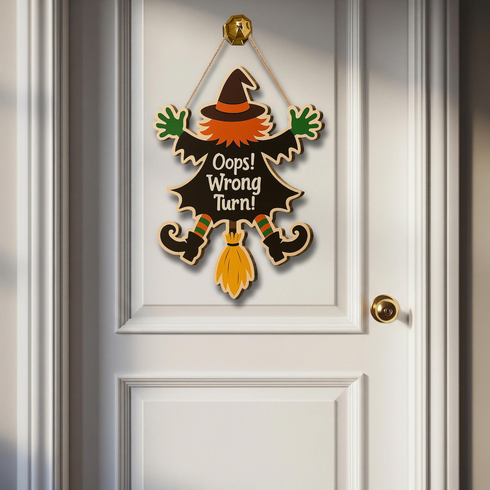 Oops Wrong Turn Witch Sign, Funny Halloween Wooden Door Hanger, Flying Witch Crash Decor, Spooky Fall Wall Decoration