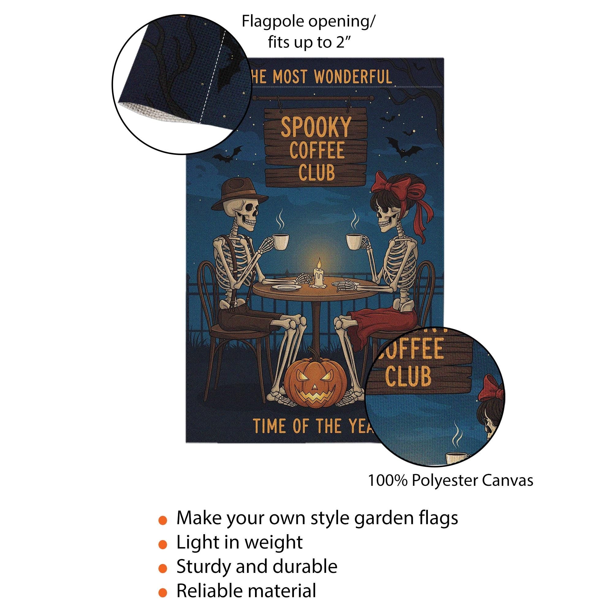 Spooky Coffee Club Garden Flag, Skeleton Halloween Yard Decor, Fall Coffee Lovers Gift, Funny Outdoor Halloween Sign