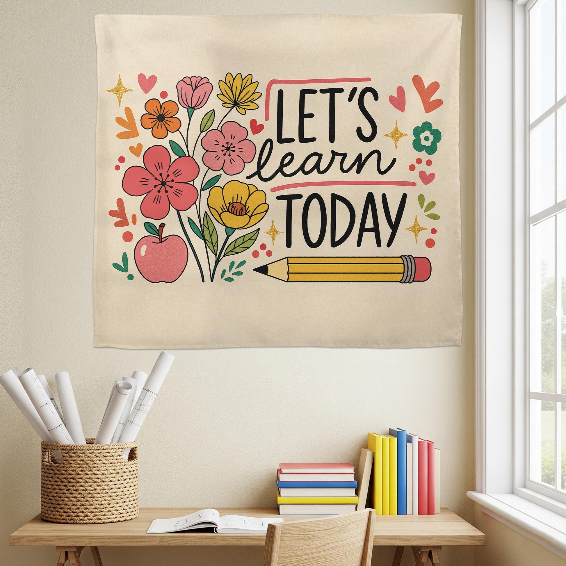 Let's Learn Today Classroom Tapestry – Teacher Wall Decor, Educational Floral Banner, Back to School Bulletin Board Display