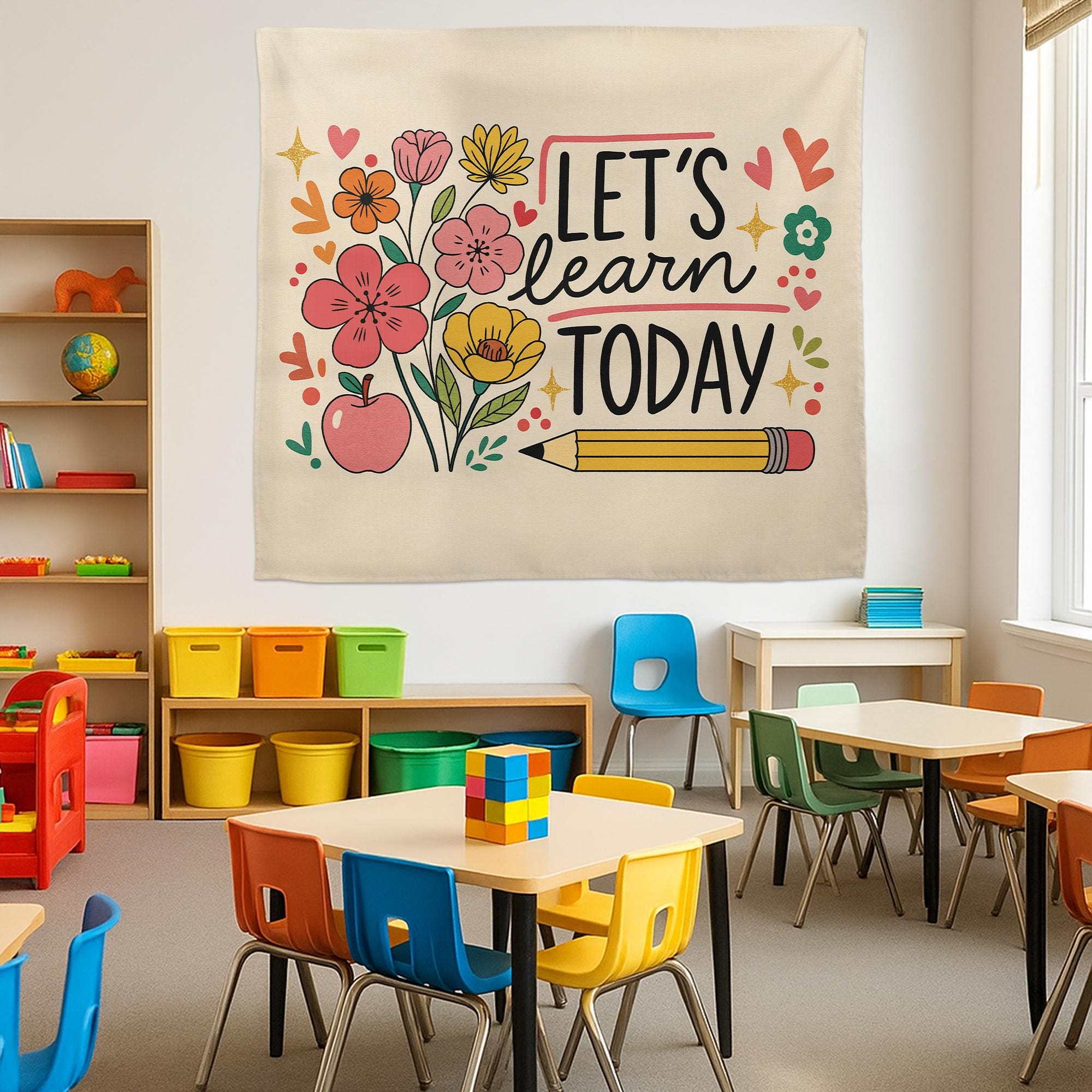Let's Learn Today Classroom Tapestry – Teacher Wall Decor, Educational Floral Banner, Back to School Bulletin Board Display