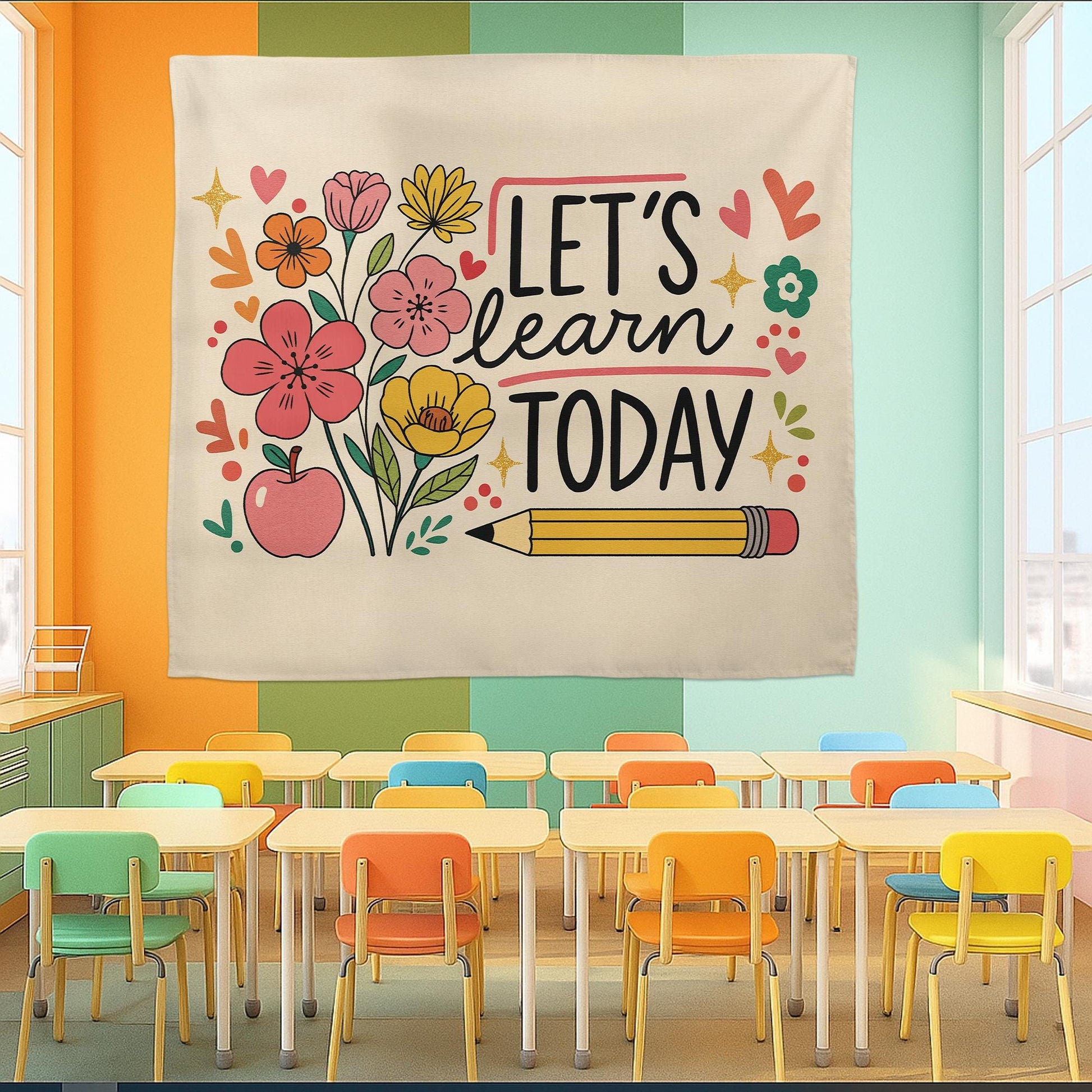 Let's Learn Today Classroom Tapestry – Teacher Wall Decor, Educational Floral Banner, Back to School Bulletin Board Display