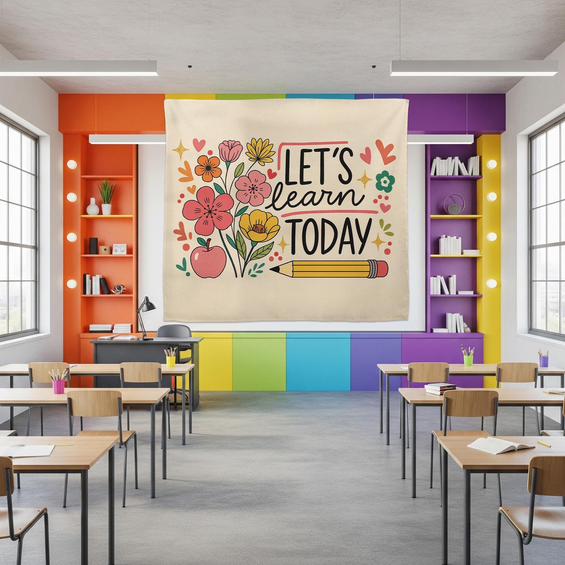 Let's Learn Today Classroom Tapestry – Teacher Wall Decor, Educational Floral Banner, Back to School Bulletin Board Display