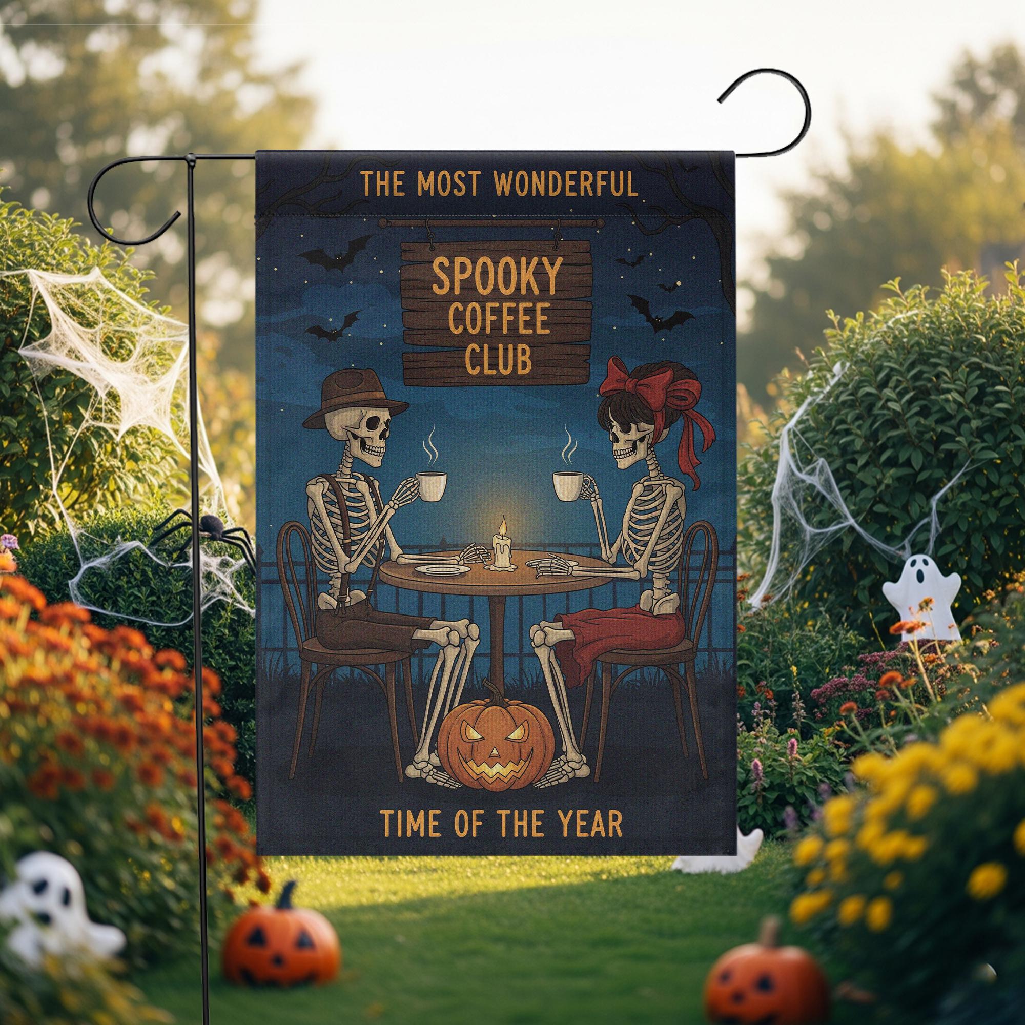 Spooky Coffee Club Garden Flag, Skeleton Halloween Yard Decor, Fall Coffee Lovers Gift, Funny Outdoor Halloween Sign