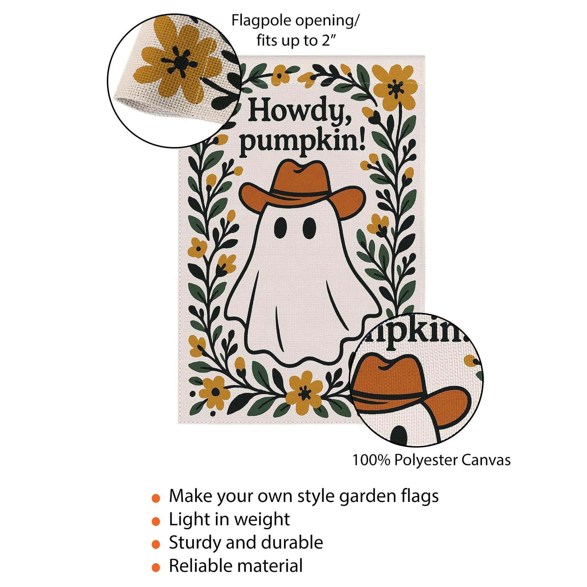 Howdy Pumpkin Garden Flag, Western Ghost Fall Yard Decor, Cute Cowboy Halloween Outdoor Sign, Rustic Floral Autumn Banner