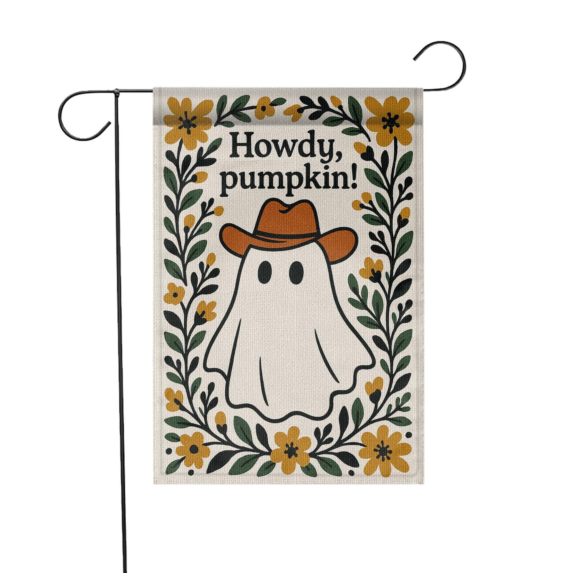 Howdy Pumpkin Garden Flag, Western Ghost Fall Yard Decor, Cute Cowboy Halloween Outdoor Sign, Rustic Floral Autumn Banner