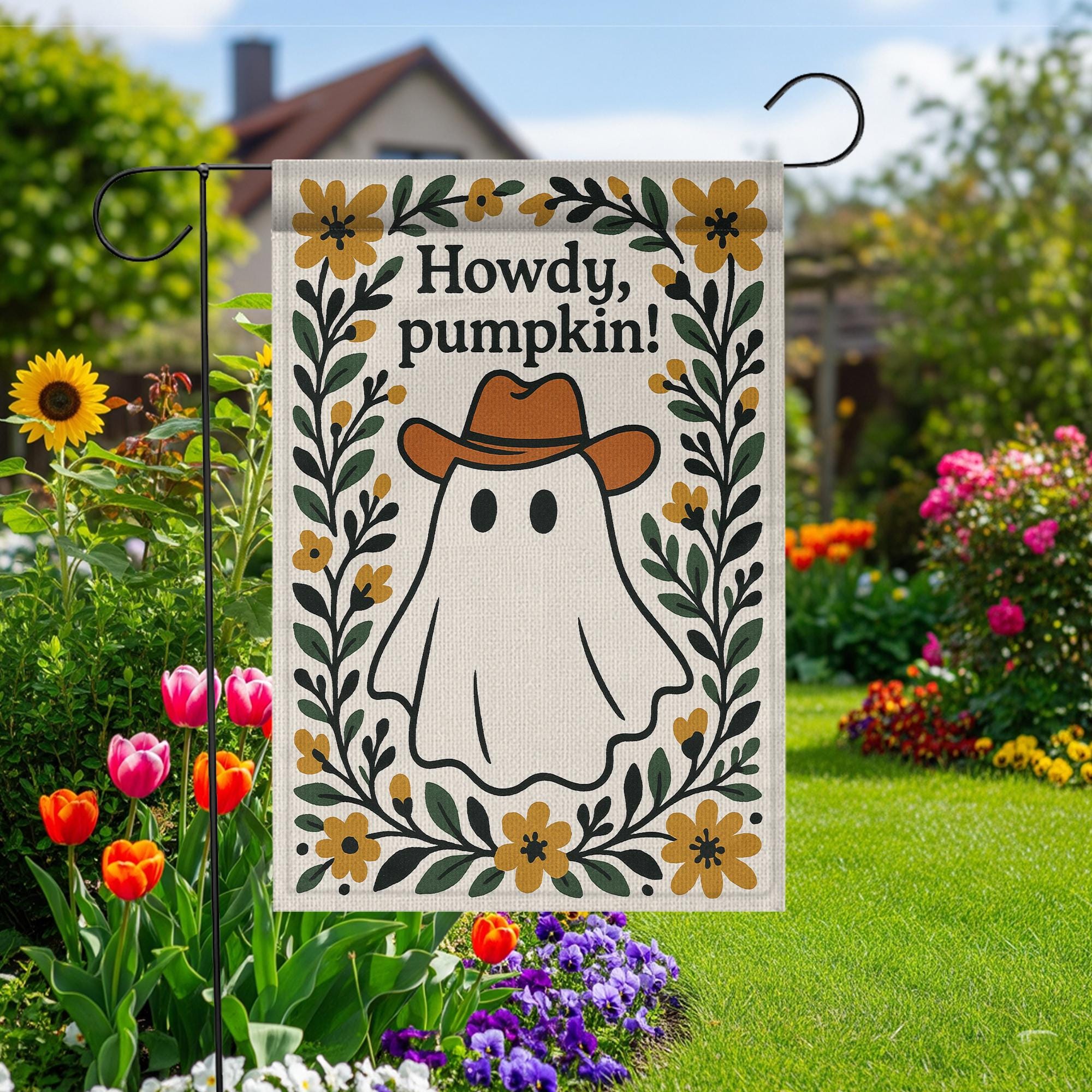 Howdy Pumpkin Garden Flag, Western Ghost Fall Yard Decor, Cute Cowboy Halloween Outdoor Sign, Rustic Floral Autumn Banner