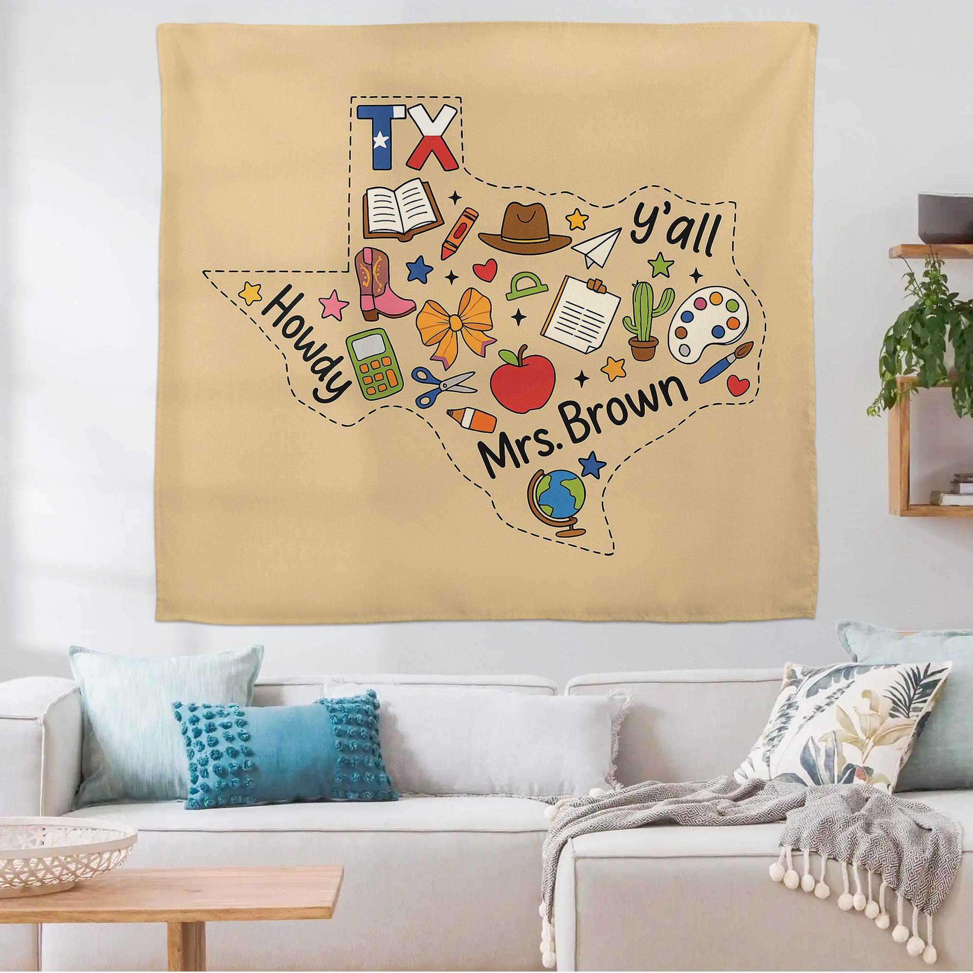 Custom Texas Teacher Tapestry – Personalized Classroom Wall Decor with Name, Howdy Y’all School Banner, Back to School Gift